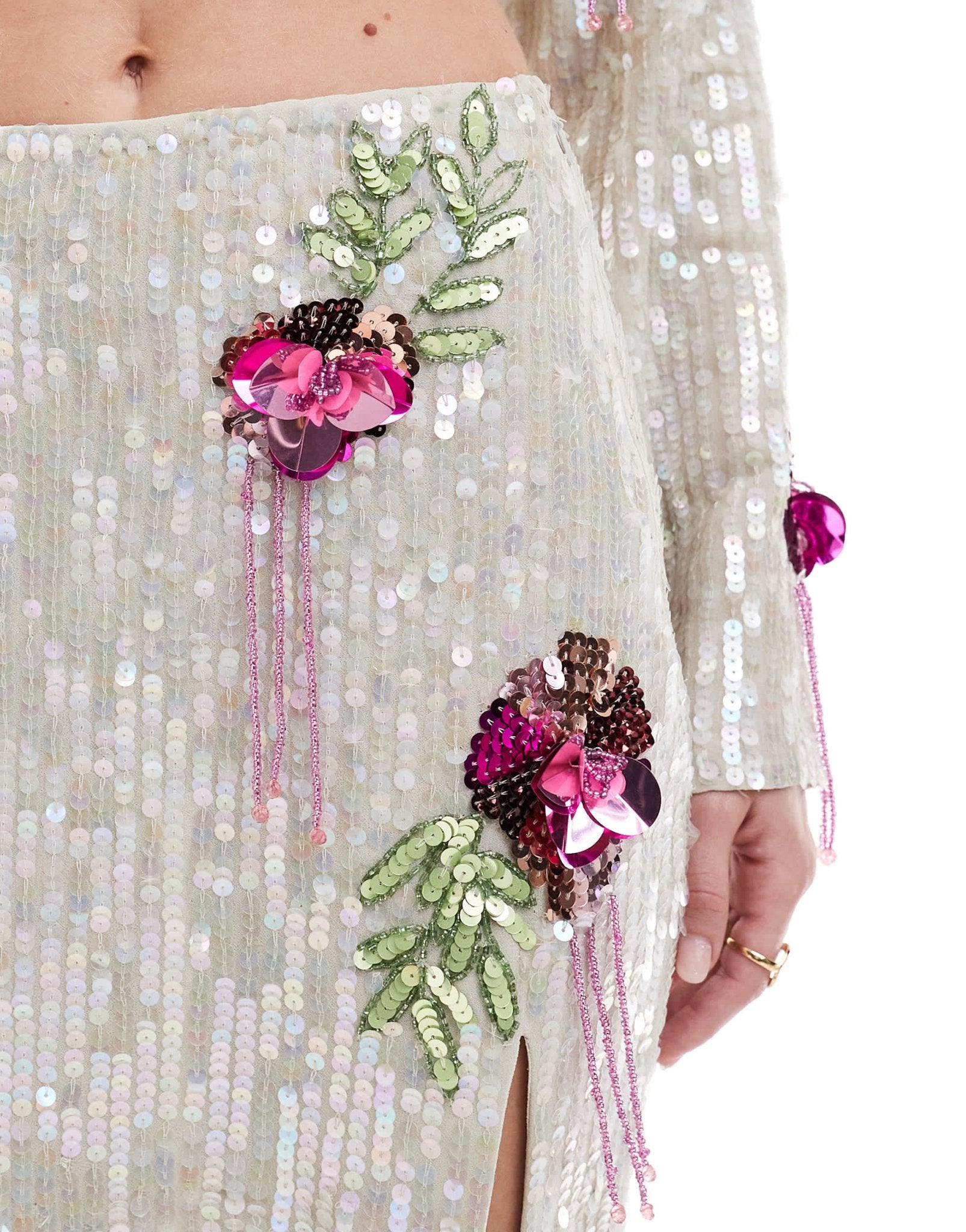 ASOS DESIGN premium 3D floral embellished midi skirt co - ord in silver and pink - ASOS Sample Sale EU Store