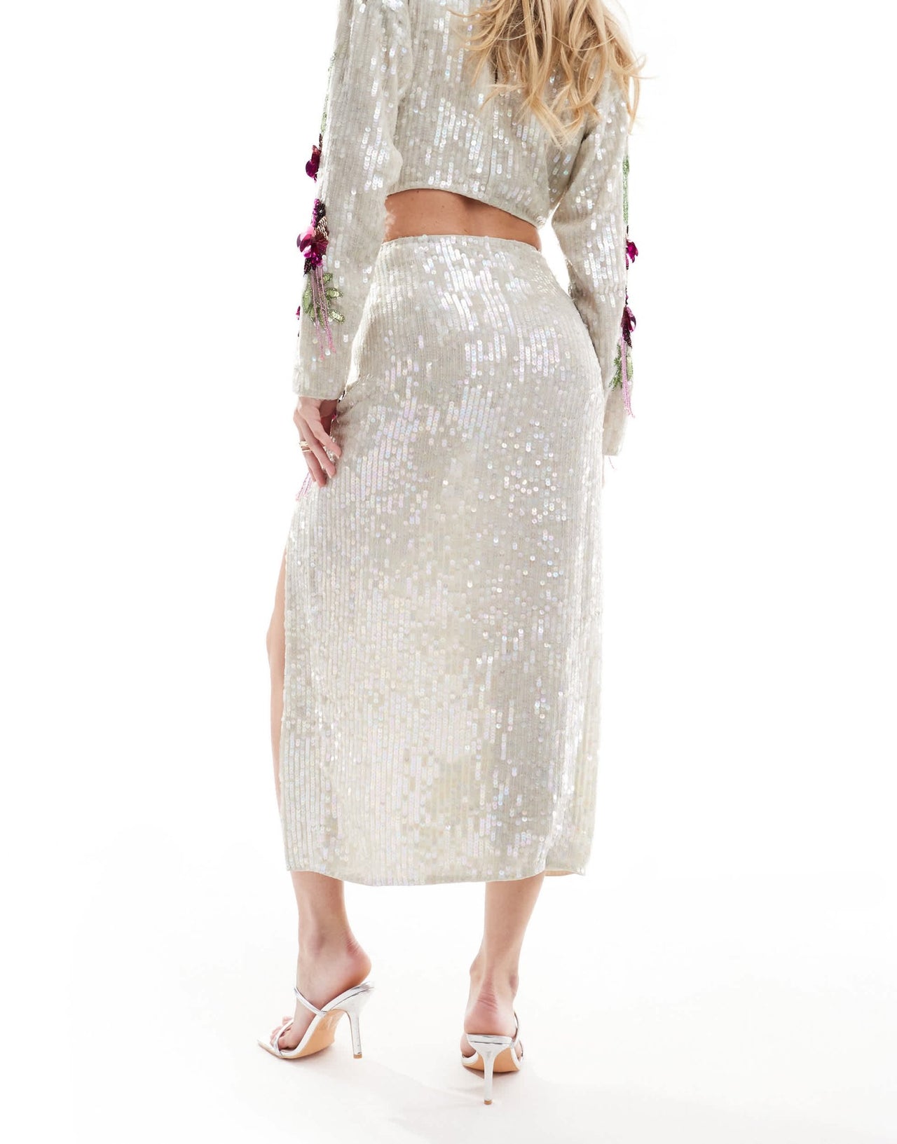 ASOS DESIGN premium 3D floral embellished midi skirt co - ord in silver and pink - ASOS Sample Sale EU Store
