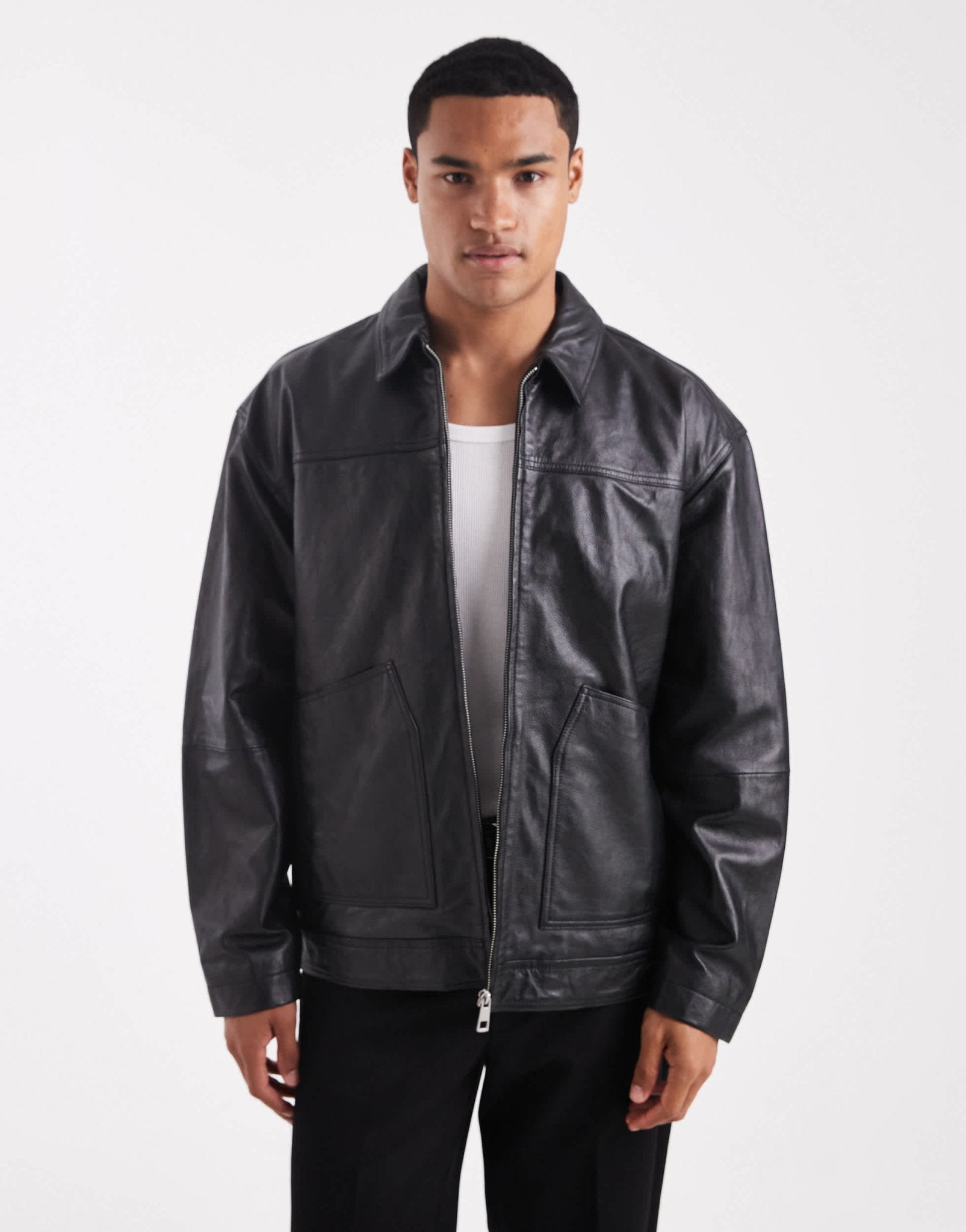 ASOS DESIGN Premium real leather harrington jacket in black - BLACK - ASOS Sample Sale EU Store