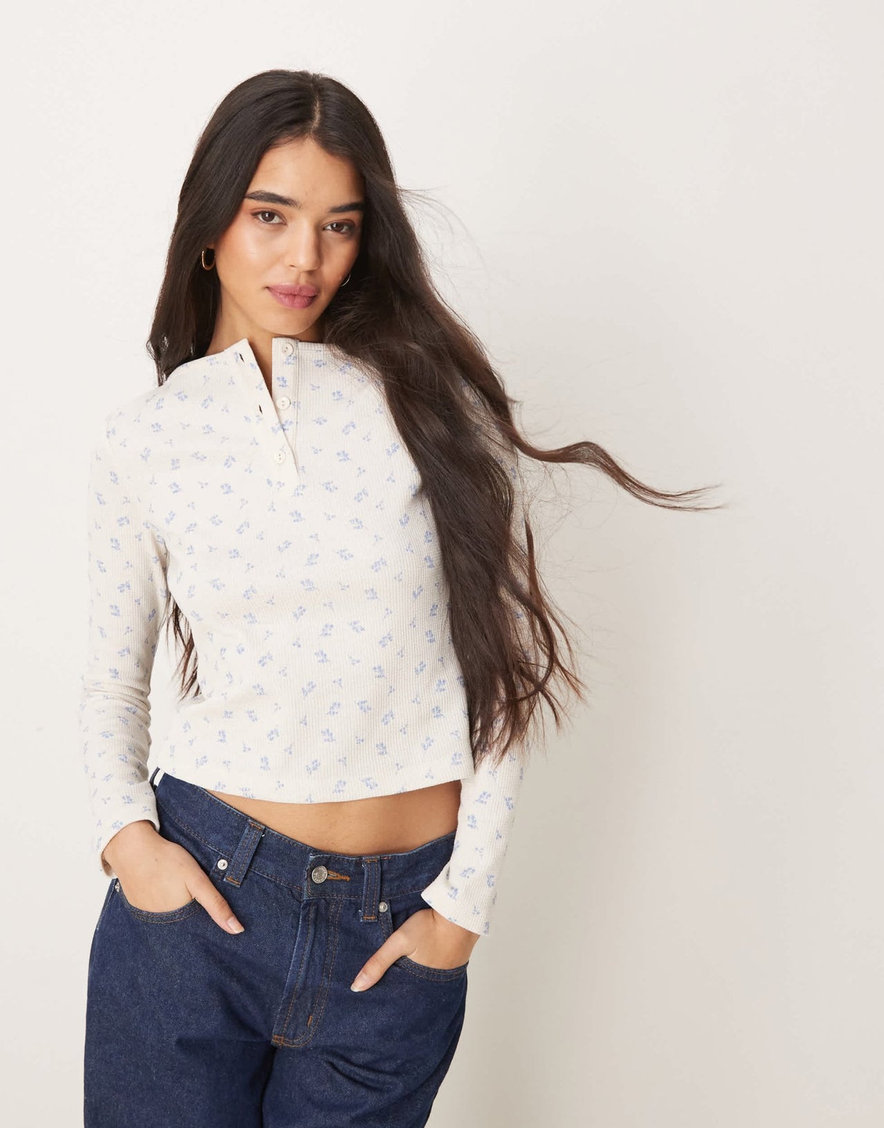 ASOS DESIGN printed ditsy waffle henley in cream - ASOS Sample Sale EU Store