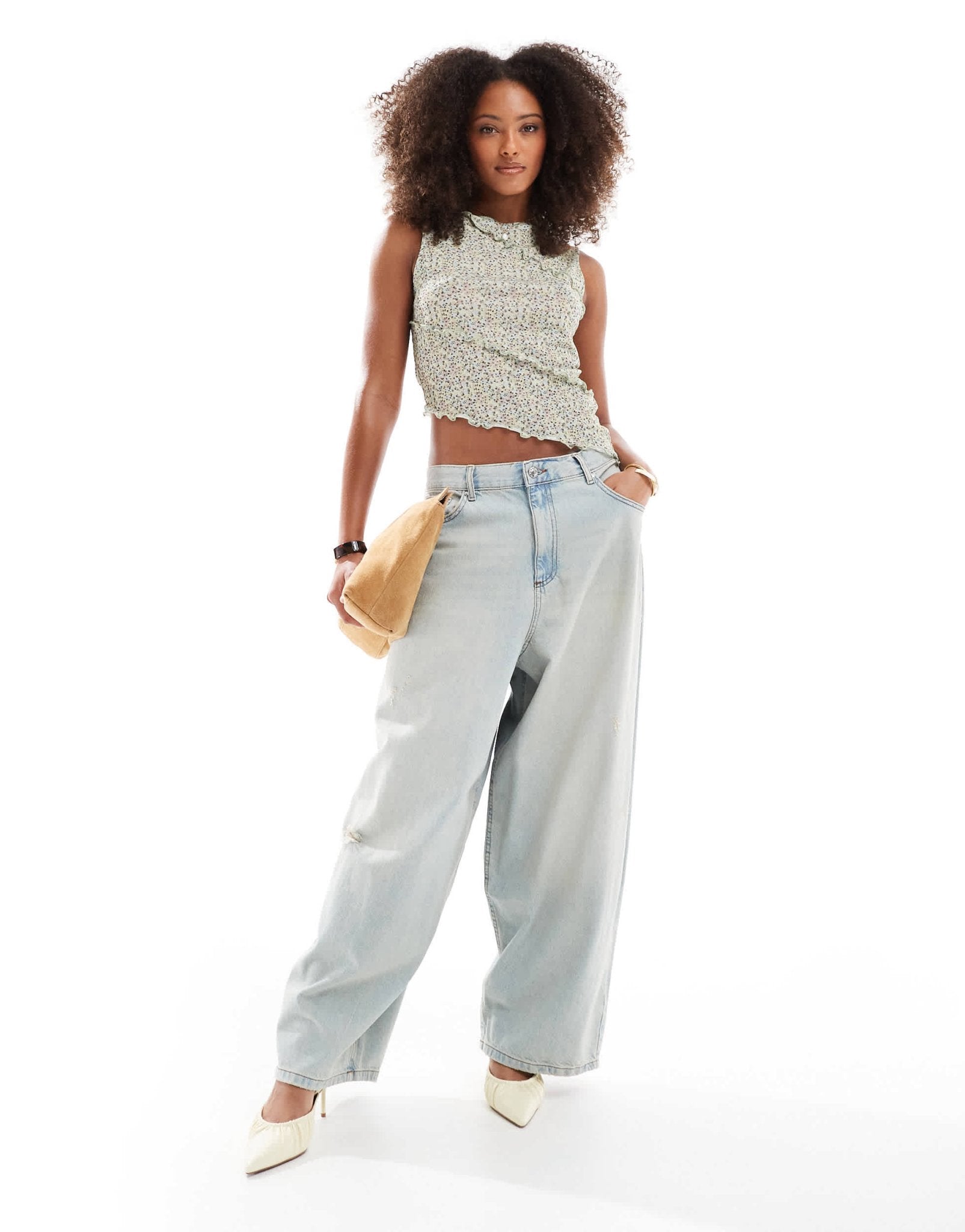 ASOS DESIGN printed mesh floral spliced asymmetric slash neck top in buttermilk - ASOS Sample Sale EU Store