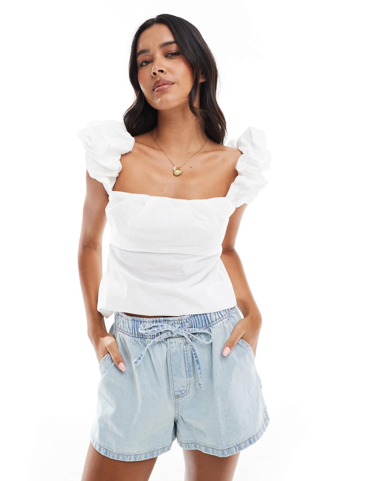 ASOS DESIGN puff sleeve milkmaid top with elasticated back in white - ASOS Sample Sale EU Store