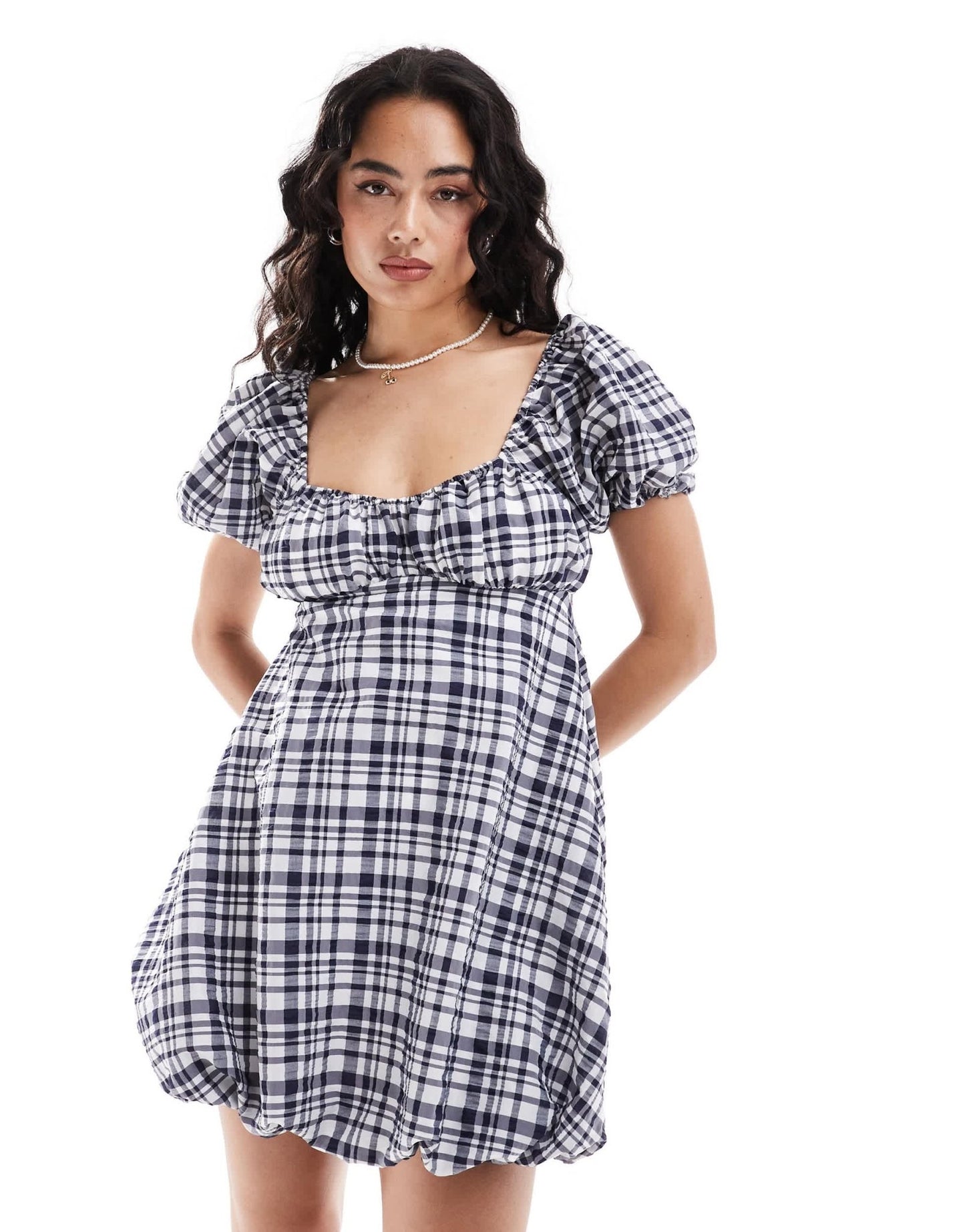 ASOS DESIGN puff sleeve mini smock dress with puff ball hem in navy gingham - ASOS Sample Sale EU Store