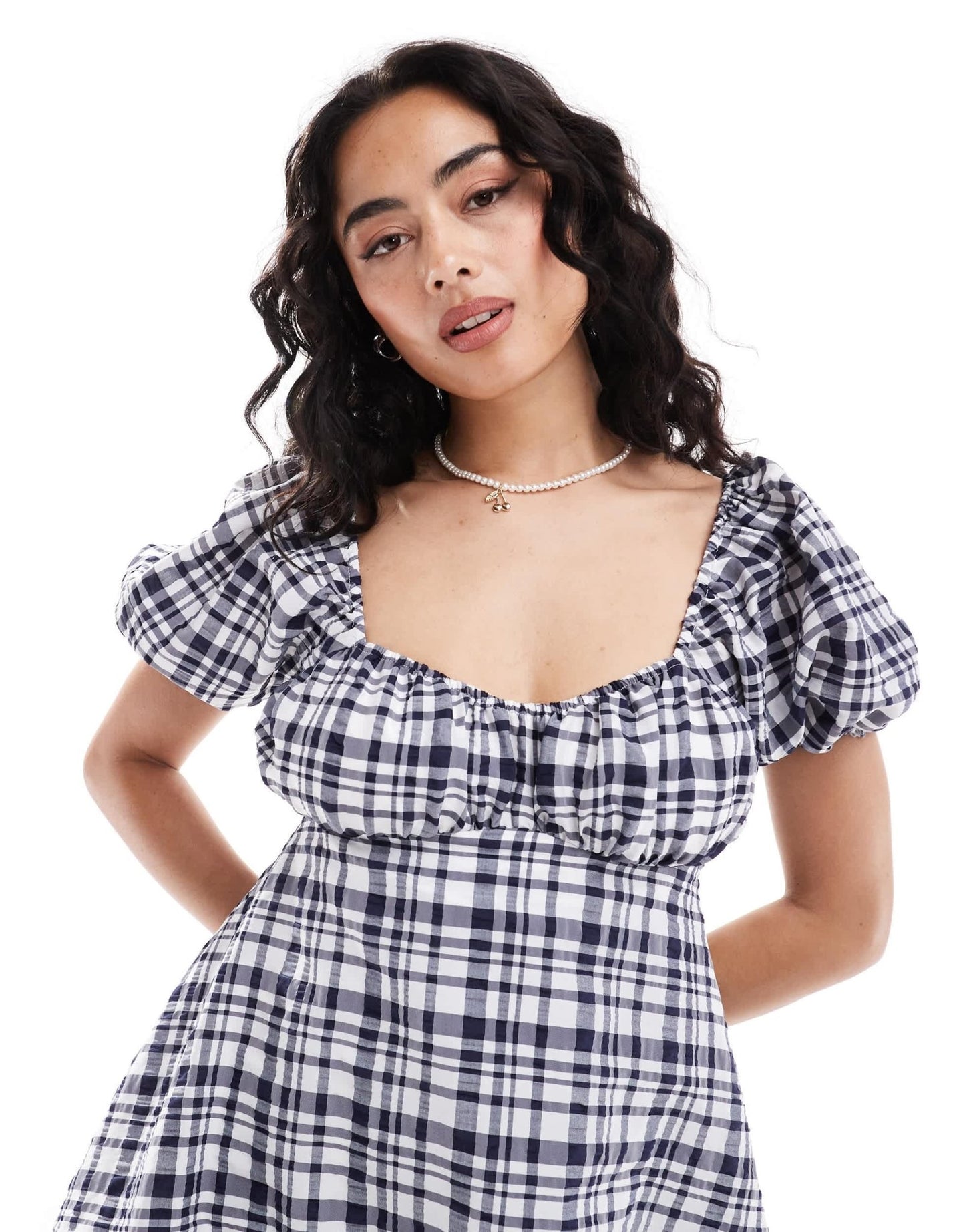 ASOS DESIGN puff sleeve mini smock dress with puff ball hem in navy gingham - ASOS Sample Sale EU Store