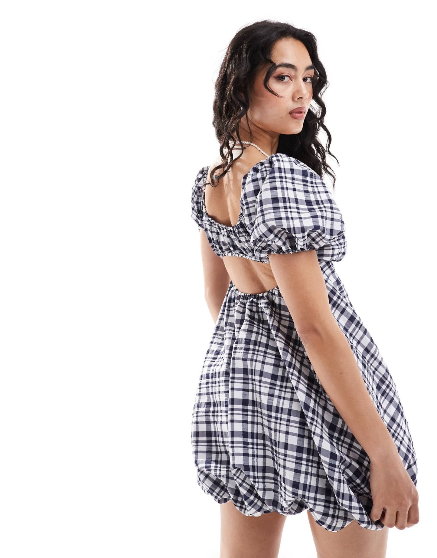 ASOS DESIGN puff sleeve mini smock dress with puff ball hem in navy gingham - ASOS Sample Sale EU Store