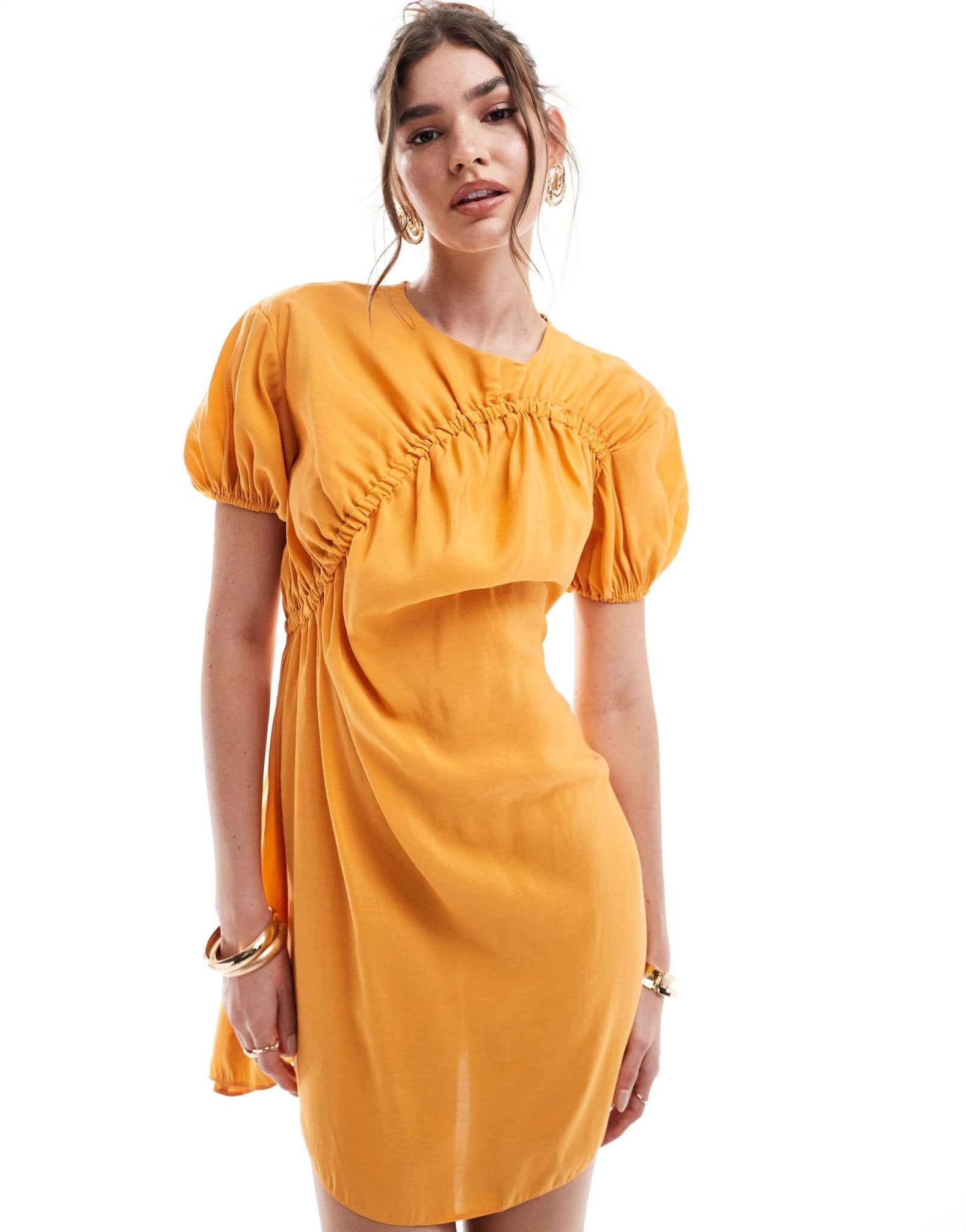 ASOS DESIGN puff sleeve mini smock dress with ruching detail in copper - ASOS Sample Sale EU Store