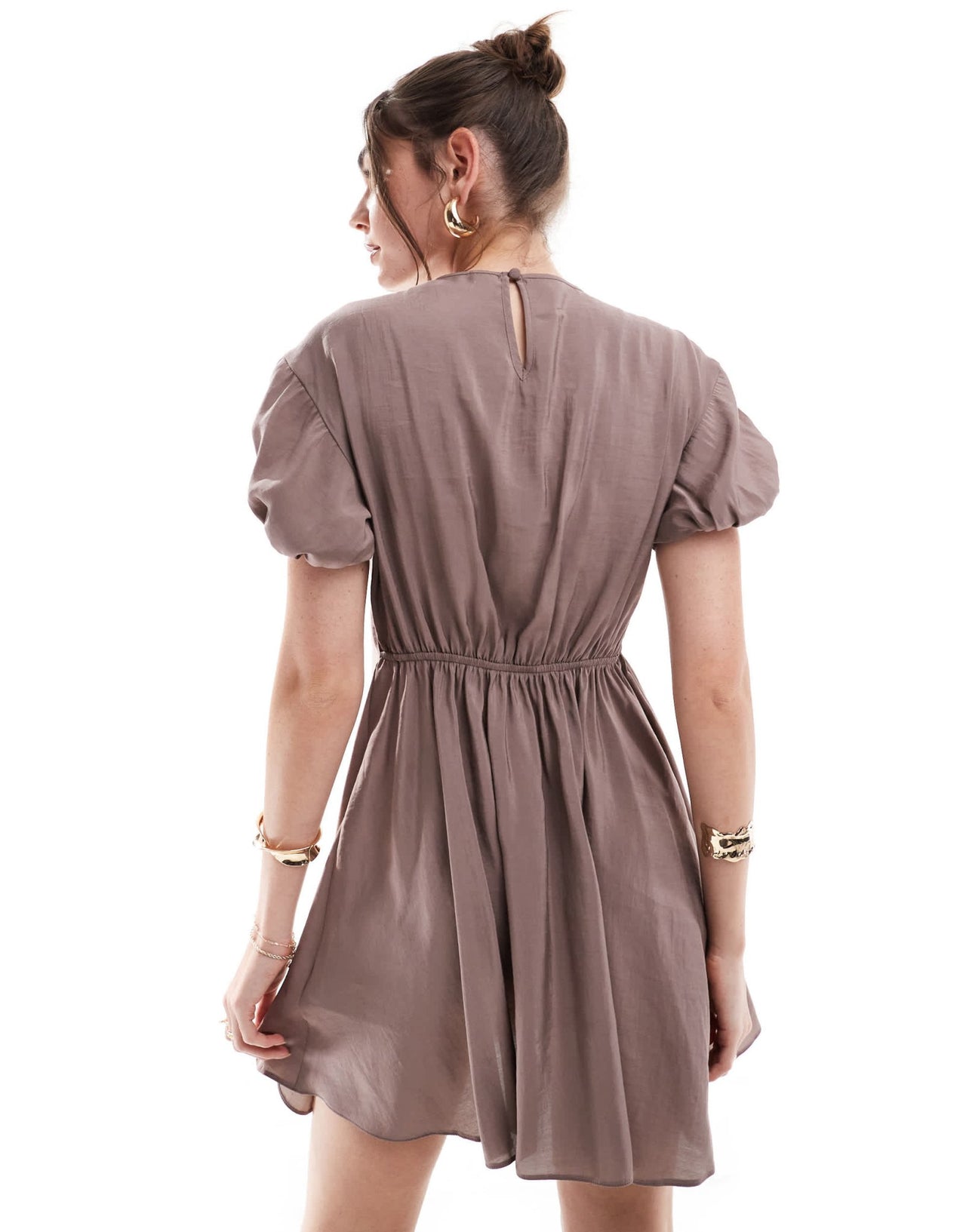 ASOS DESIGN puff sleeve mini smock dress with ruching detail in mocha - ASOS Sample Sale EU Store