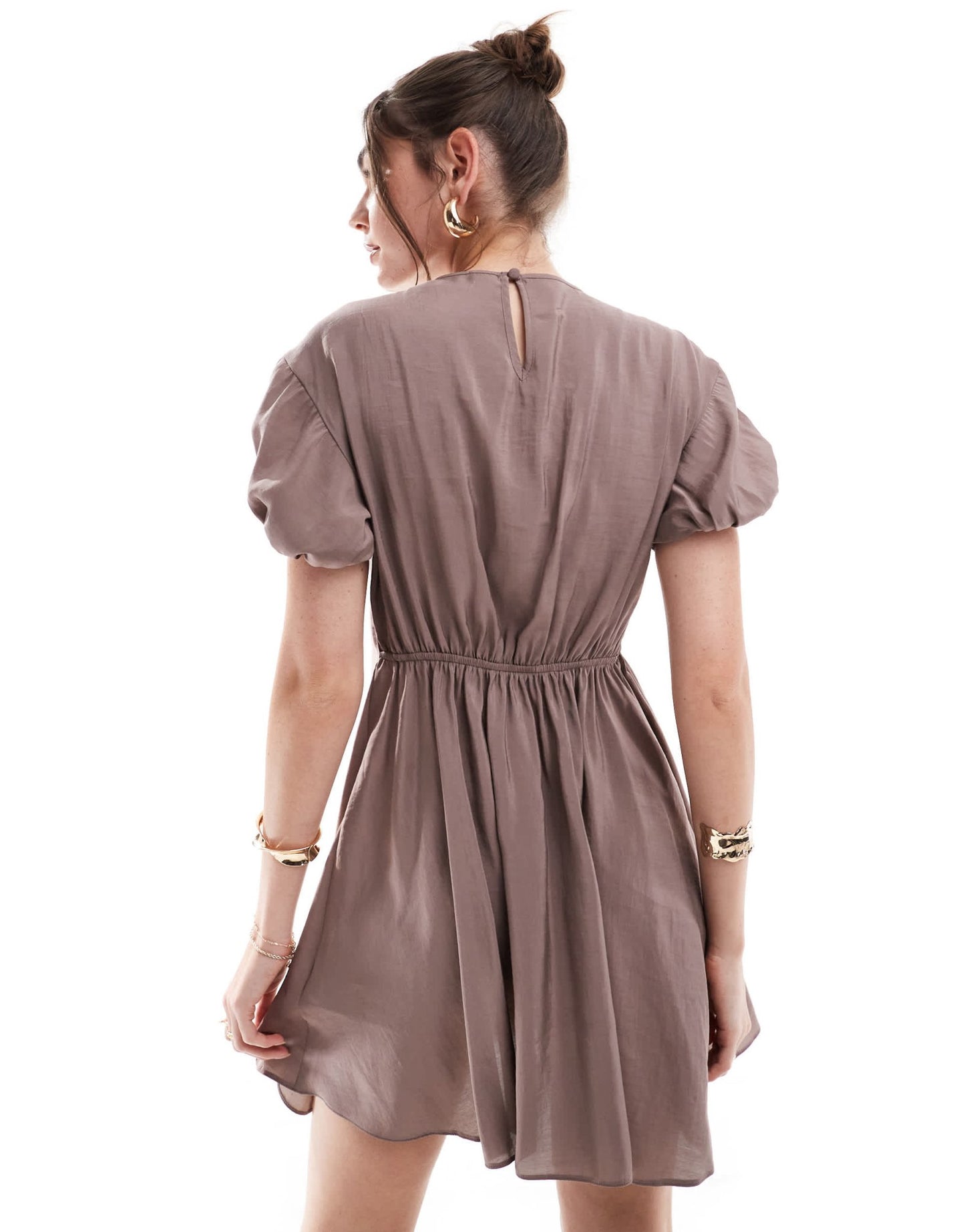 ASOS DESIGN puff sleeve mini smock dress with ruching detail in mocha - ASOS Sample Sale EU Store
