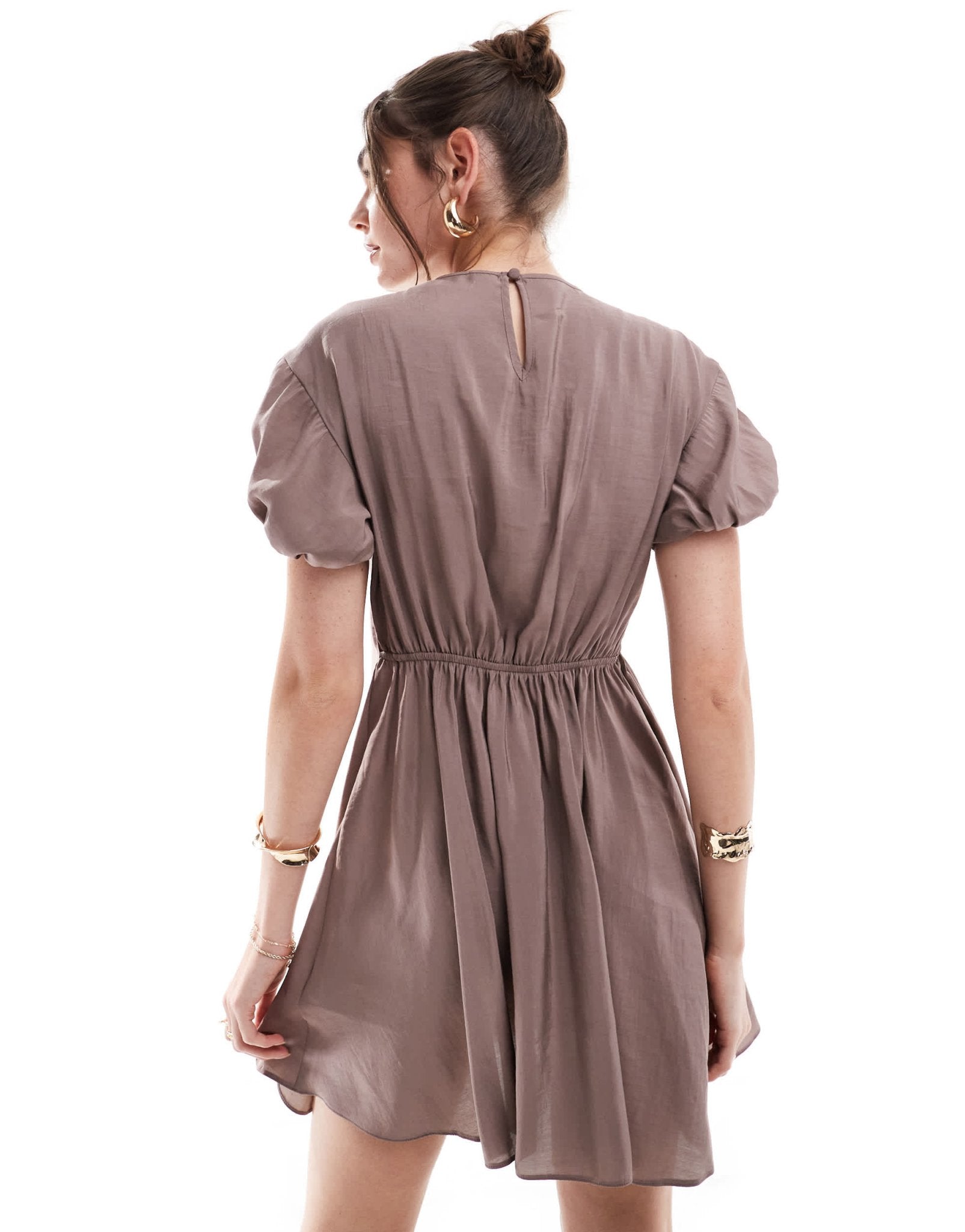 ASOS DESIGN puff sleeve mini smock dress with ruching detail in mocha - ASOS Sample Sale EU Store