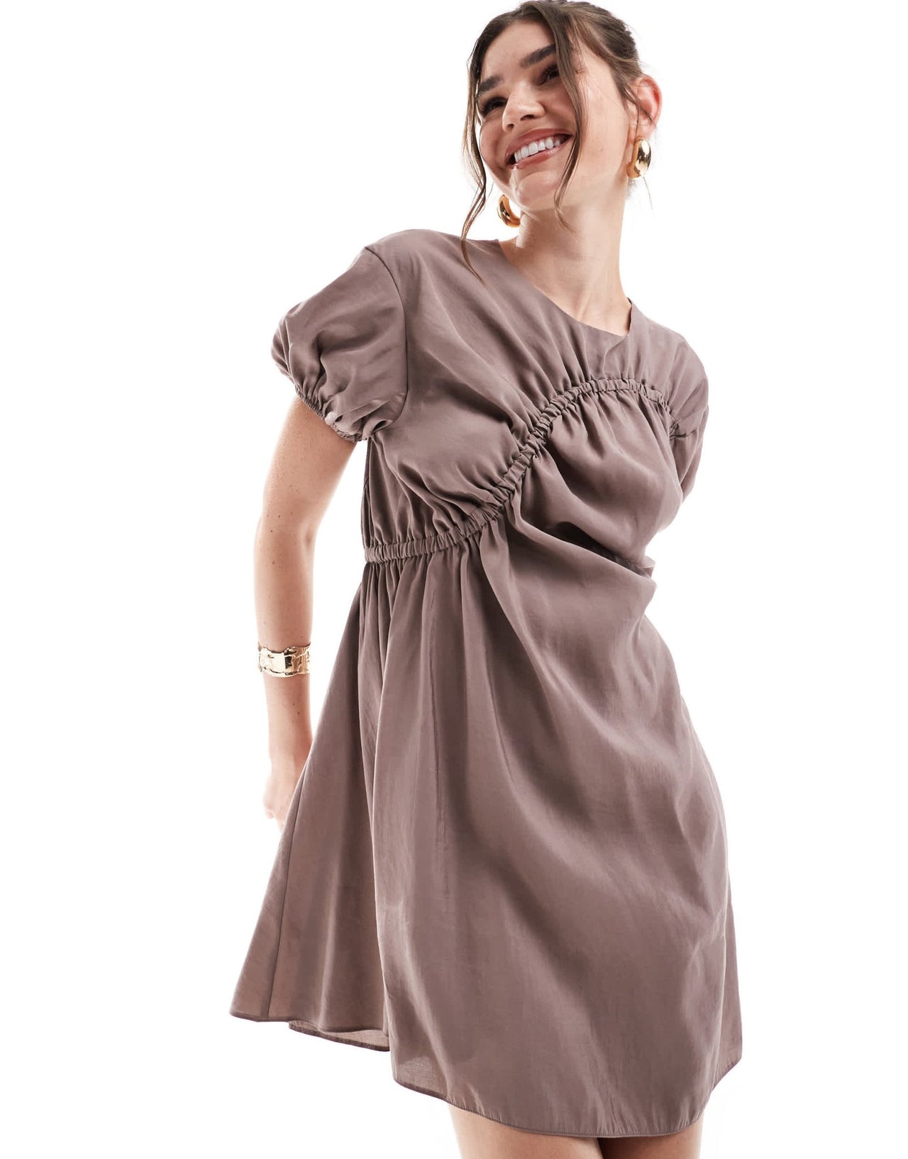 ASOS DESIGN puff sleeve mini smock dress with ruching detail in mocha - ASOS Sample Sale EU Store