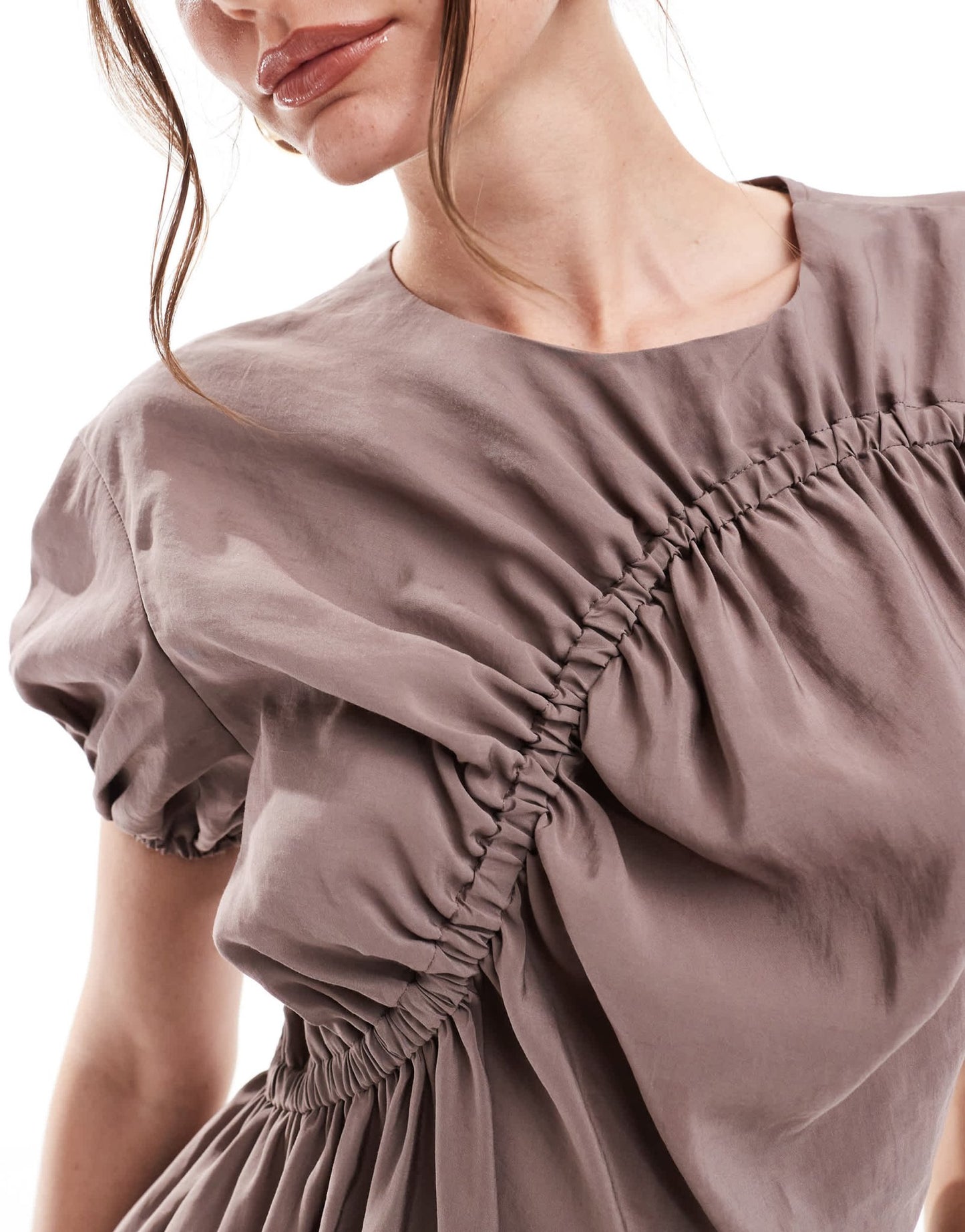 ASOS DESIGN puff sleeve mini smock dress with ruching detail in mocha - ASOS Sample Sale EU Store