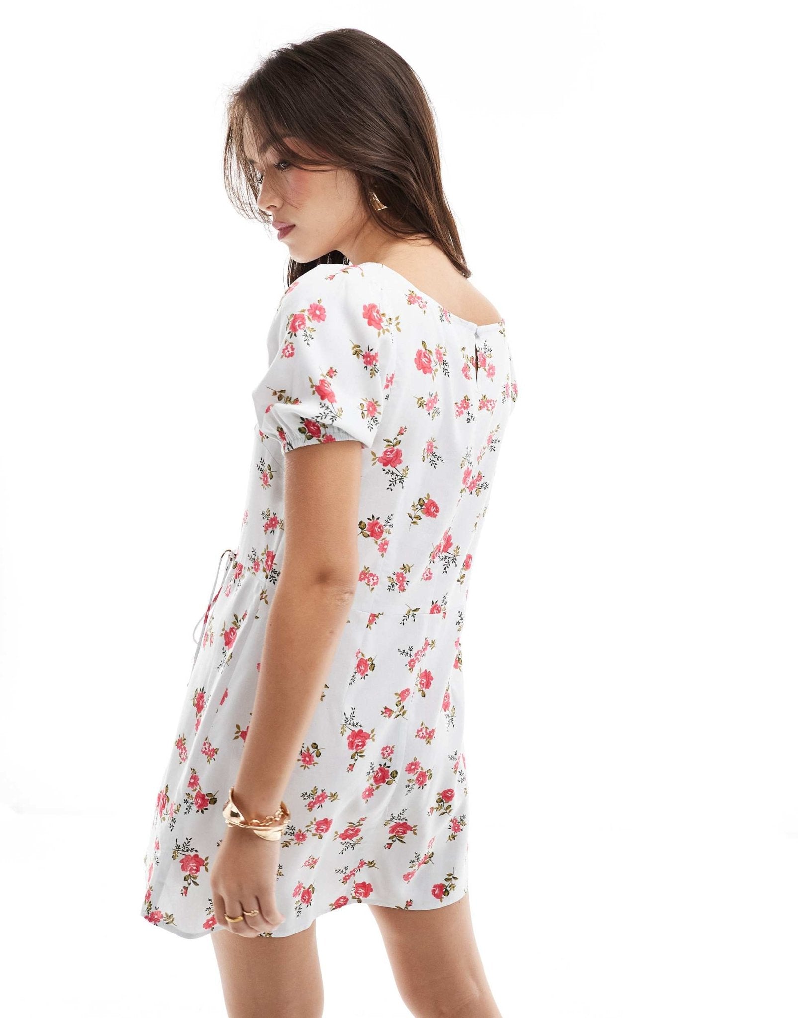 ASOS DESIGN puffed sleeve mini tee dress with tie waist & wrap in blue & pink ditsy floral print - ASOS Sample Sale EU Store