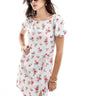 ASOS DESIGN puffed sleeve mini tee dress with tie waist & wrap in blue & pink ditsy floral print