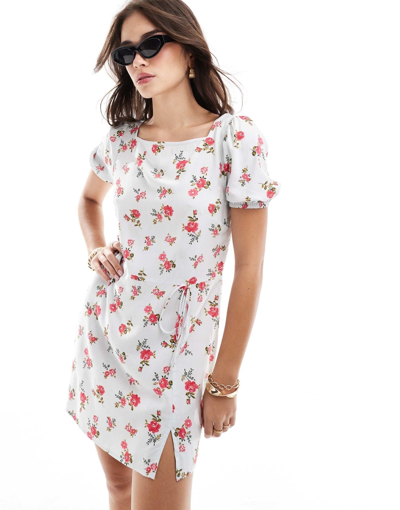 ASOS DESIGN puffed sleeve mini tee dress with tie waist & wrap in blue & pink ditsy floral print - ASOS Sample Sale EU Store