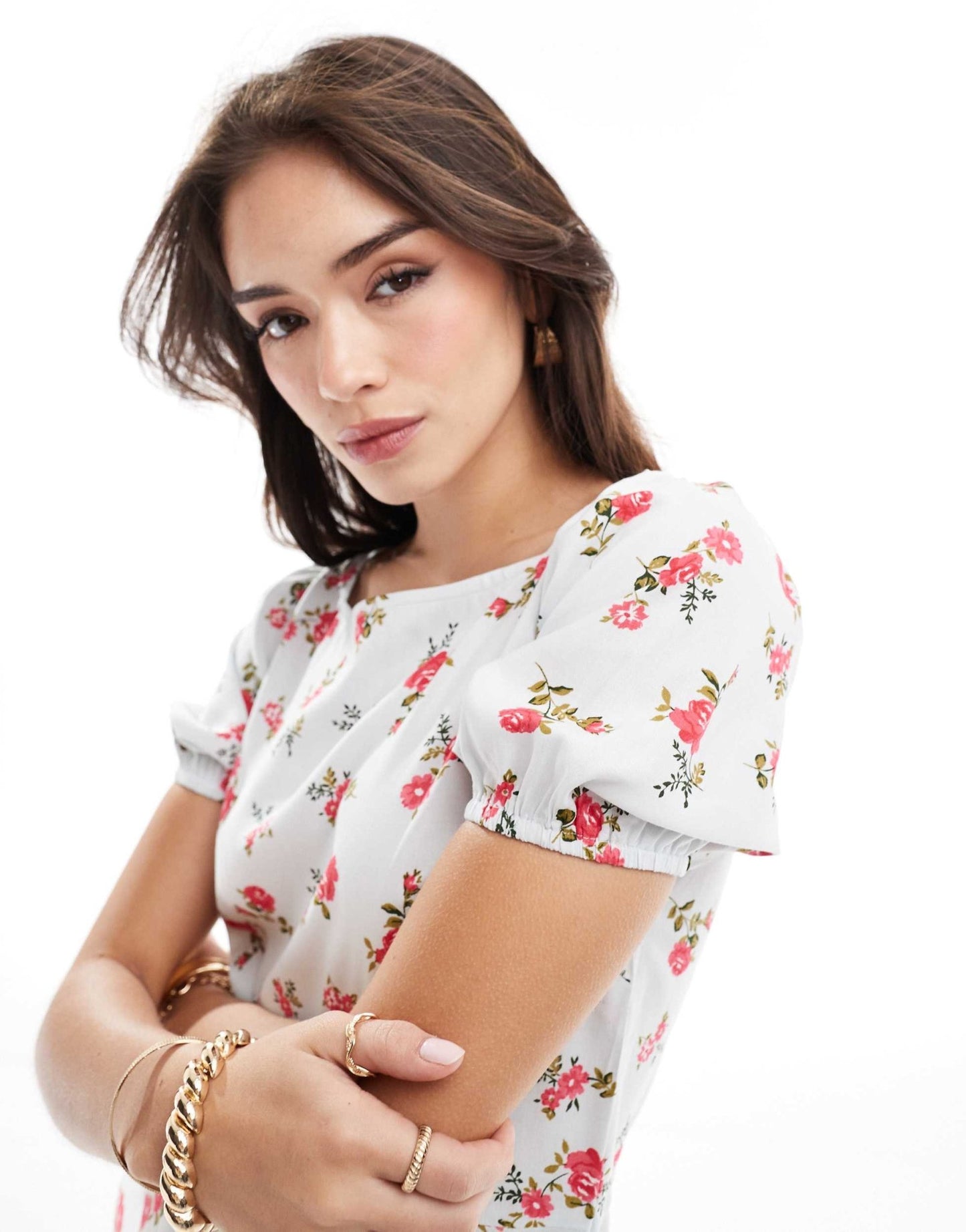 ASOS DESIGN puffed sleeve mini tee dress with tie waist & wrap in blue & pink ditsy floral print - ASOS Sample Sale EU Store