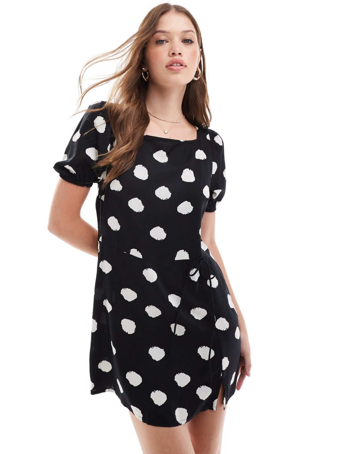 ASOS DESIGN puffed sleeve mini tee dress with tie waist & wrap in mono spot - ASOS Sample Sale EU Store