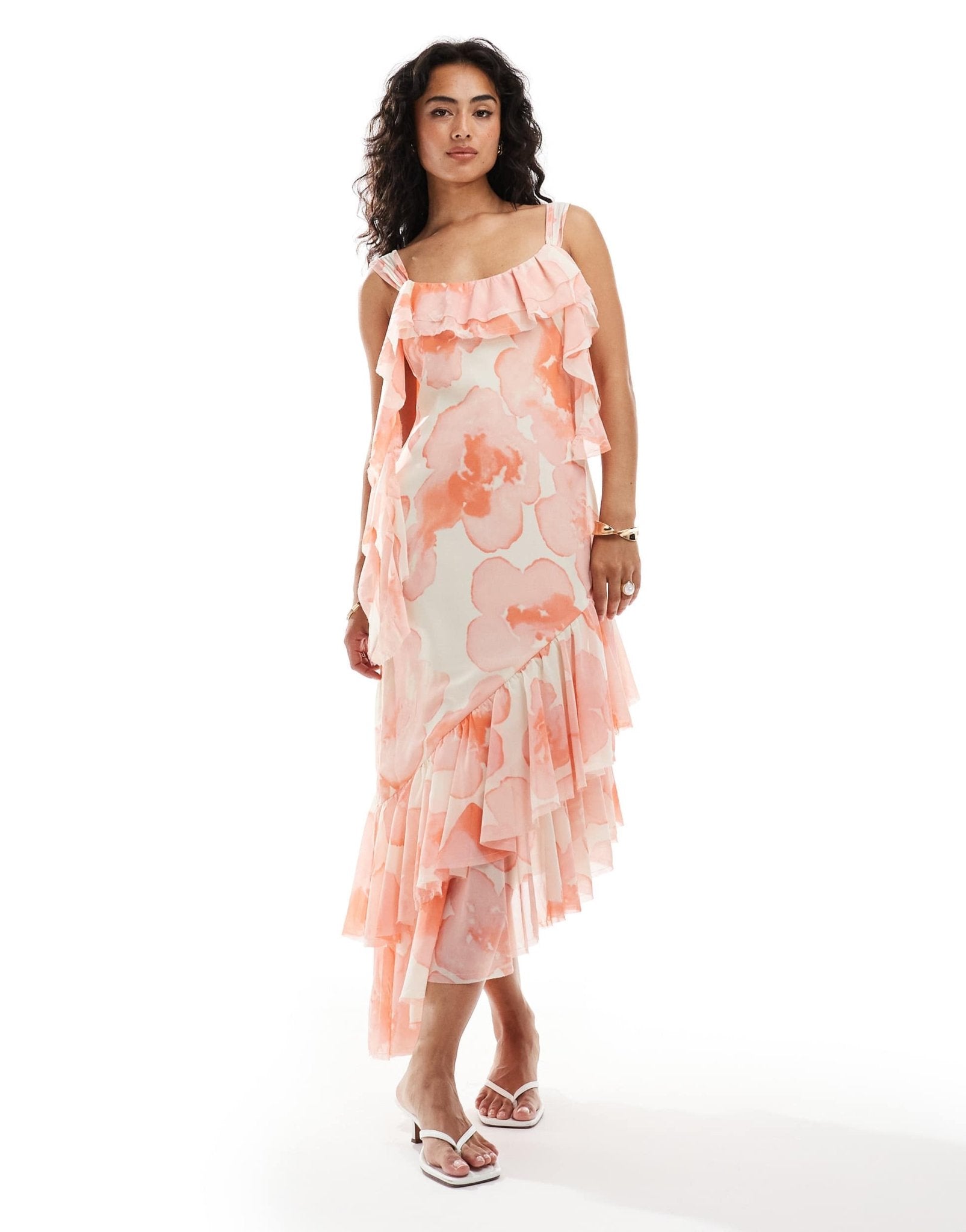 ASOS DESIGN raw edge tendril midi dress with double layer frill hem in watercolour floral - ASOS Sample Sale EU Store