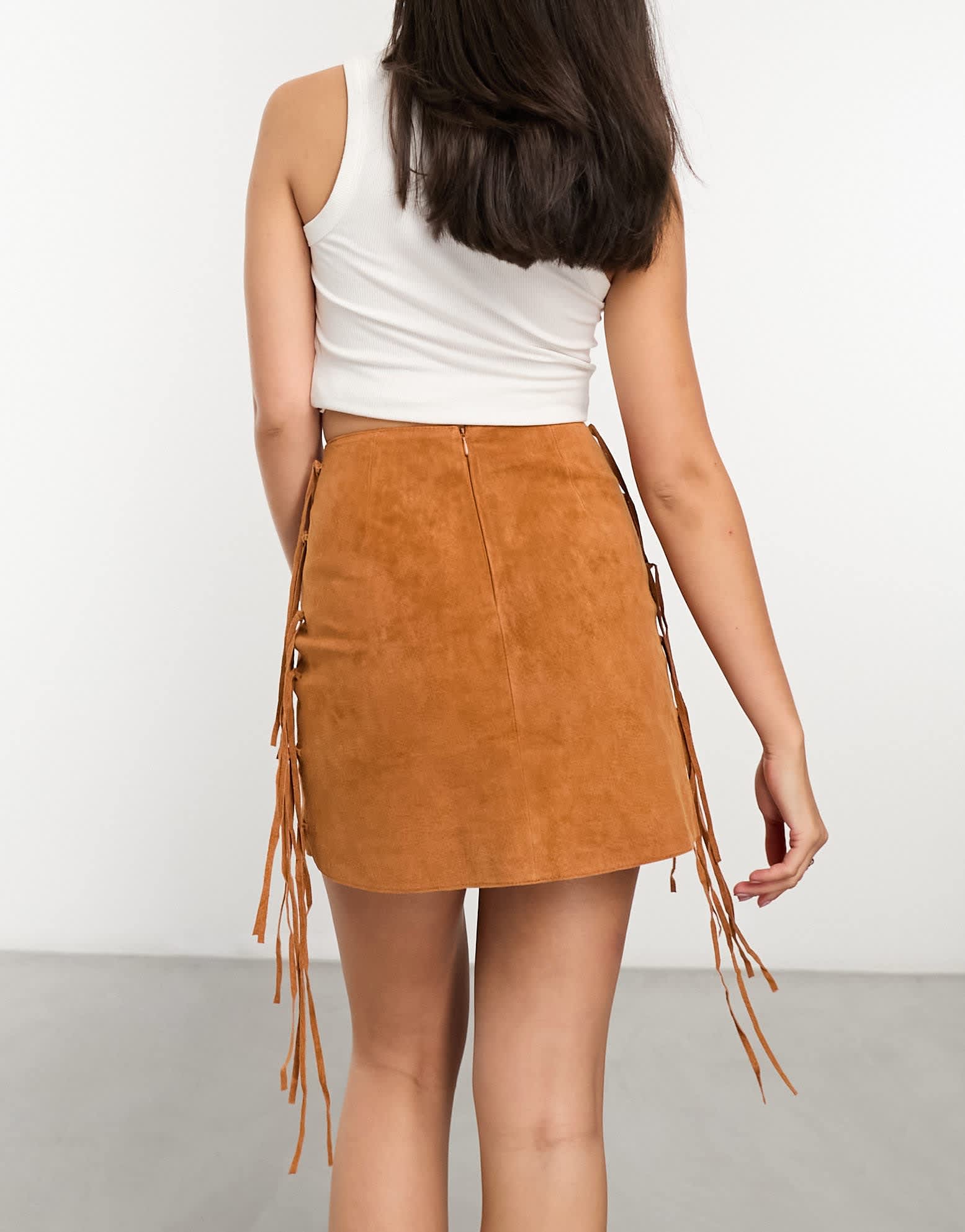 ASOS DESIGN real suede mini skirt with fringing detail in tan - ASOS Sample Sale EU Store
