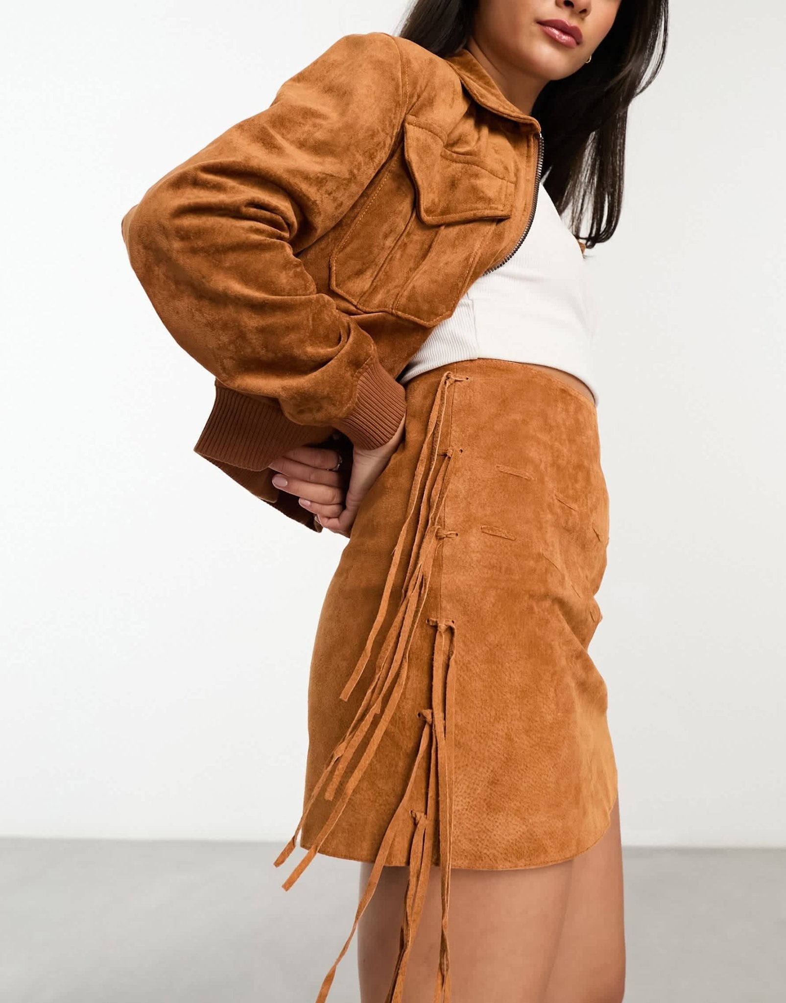 ASOS DESIGN real suede mini skirt with fringing detail in tan - ASOS Sample Sale EU Store