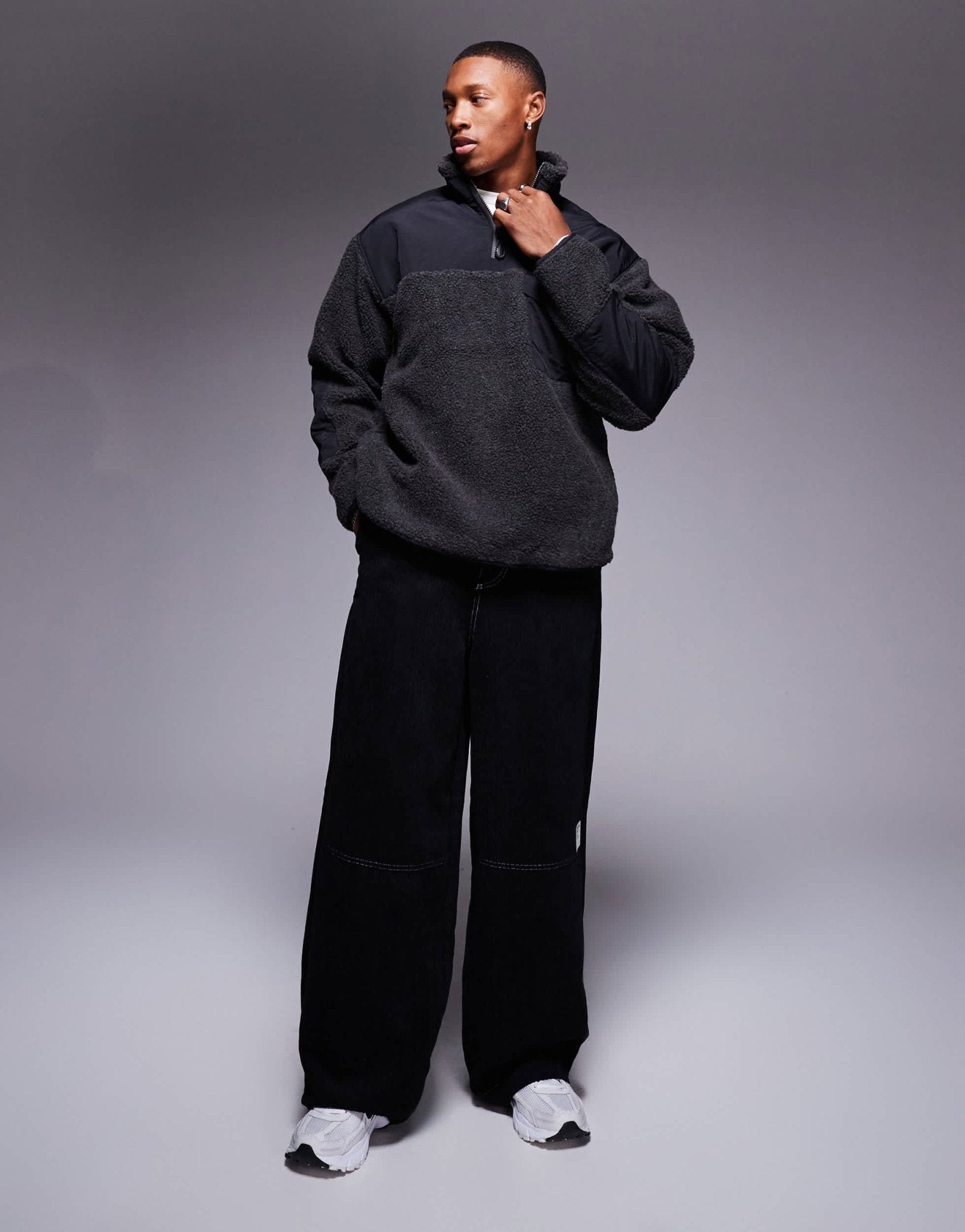 ASOS DESIGN relaxed borg quarter zip sweatshirt with contrast nylon detail in charcoal - ASOS Sample Sale EU Store