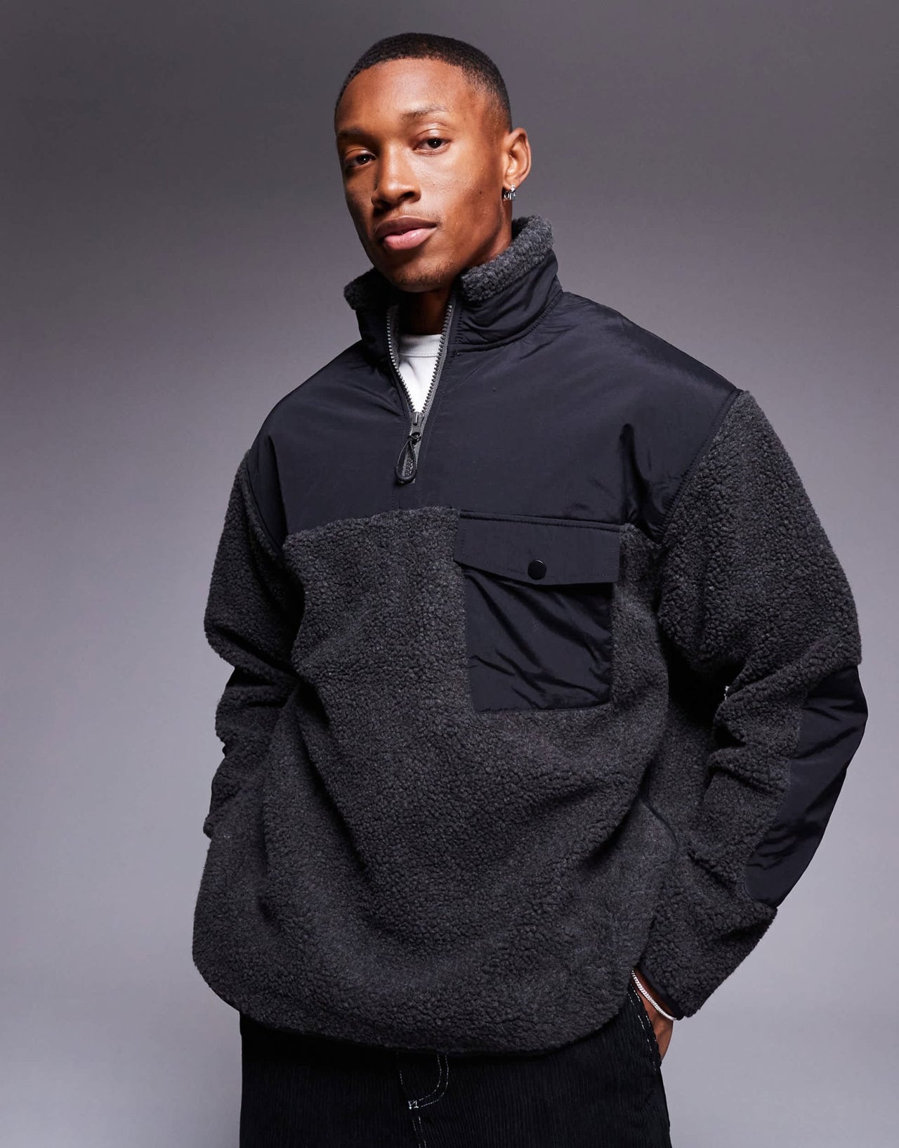 ASOS DESIGN relaxed borg quarter zip sweatshirt with contrast nylon detail in charcoal - ASOS Sample Sale EU Store