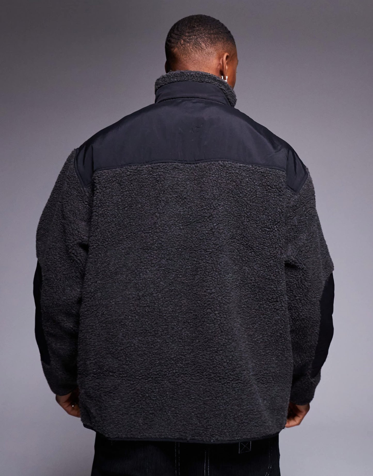 ASOS DESIGN relaxed borg quarter zip sweatshirt with contrast nylon detail in charcoal - ASOS Sample Sale EU Store