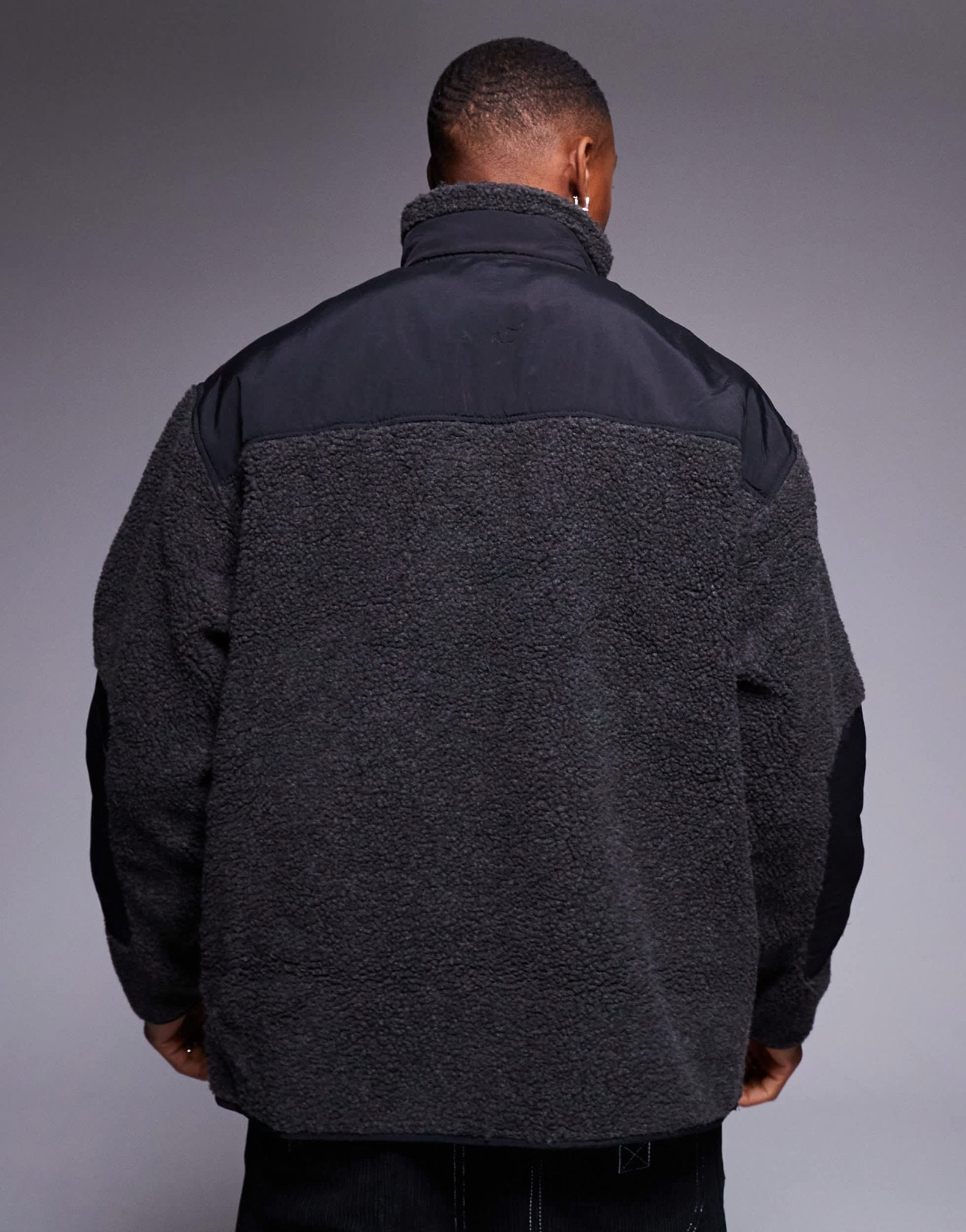 ASOS DESIGN relaxed borg quarter zip sweatshirt with contrast nylon detail in charcoal - ASOS Sample Sale EU Store