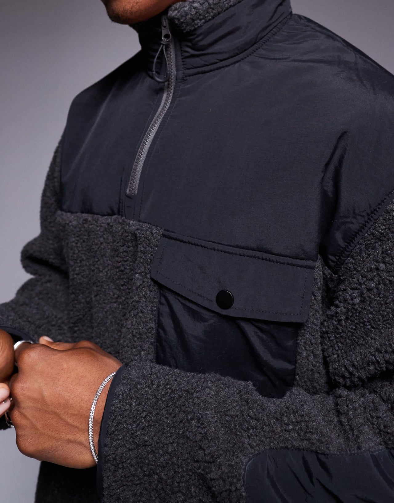 ASOS DESIGN relaxed borg quarter zip sweatshirt with contrast nylon detail in charcoal - ASOS Sample Sale EU Store