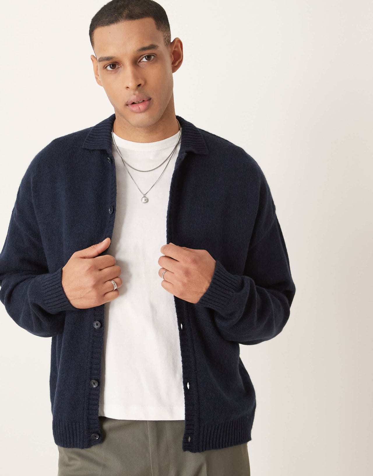 ASOS DESIGN relaxed boxy fit knitted collar cardigan in navy - ASOS Sample Sale EU Store