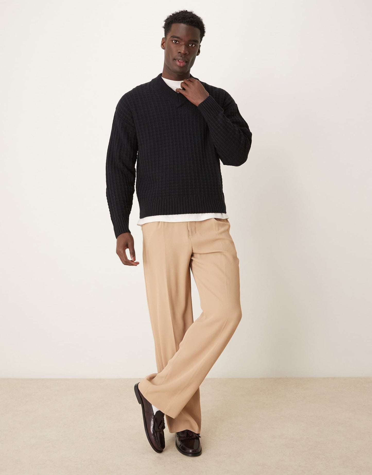 ASOS DESIGN relaxed boxy fit waffle knitted v neck jumper in navy - ASOS Sample Sale EU Store