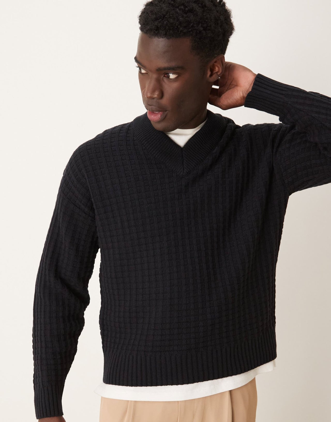 ASOS DESIGN relaxed boxy fit waffle knitted v neck jumper in navy - ASOS Sample Sale EU Store