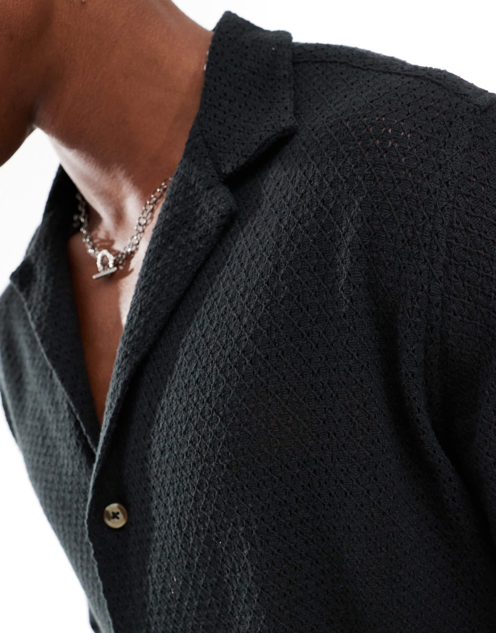 ASOS DESIGN relaxed deep revere collar textured shirt in black - ASOS Sample Sale EU Store