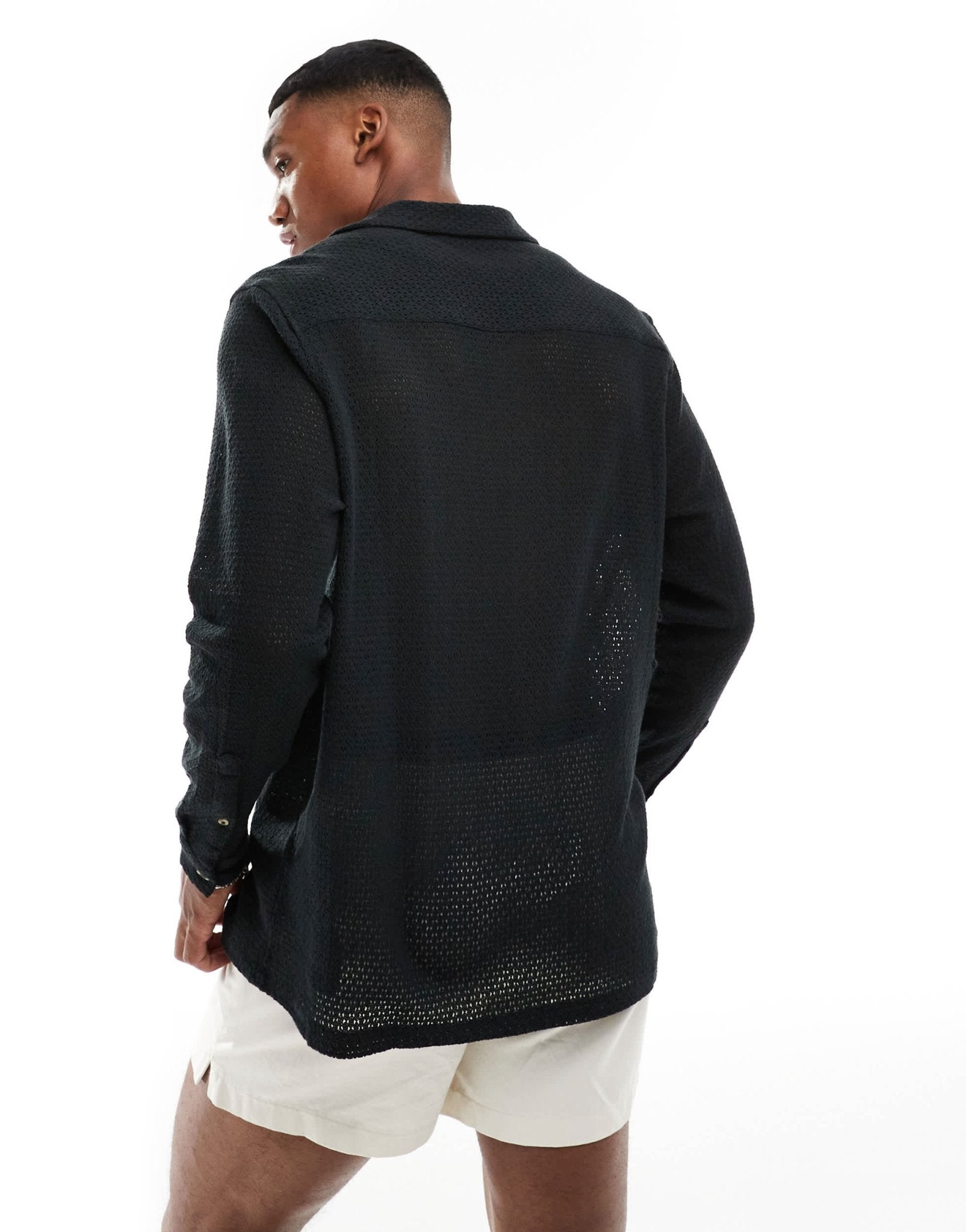 ASOS DESIGN relaxed deep revere collar textured shirt in black - ASOS Sample Sale EU Store