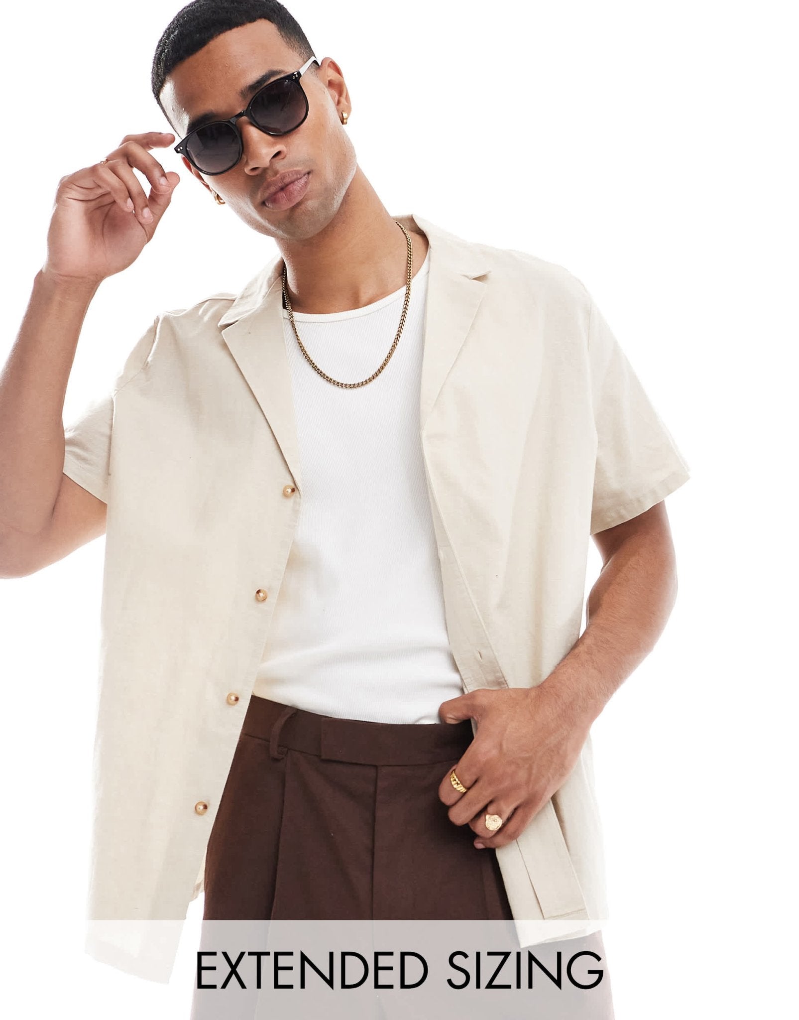 ASOS DESIGN relaxed deep revere linen mix shirt in stone - ASOS Sample Sale EU Store