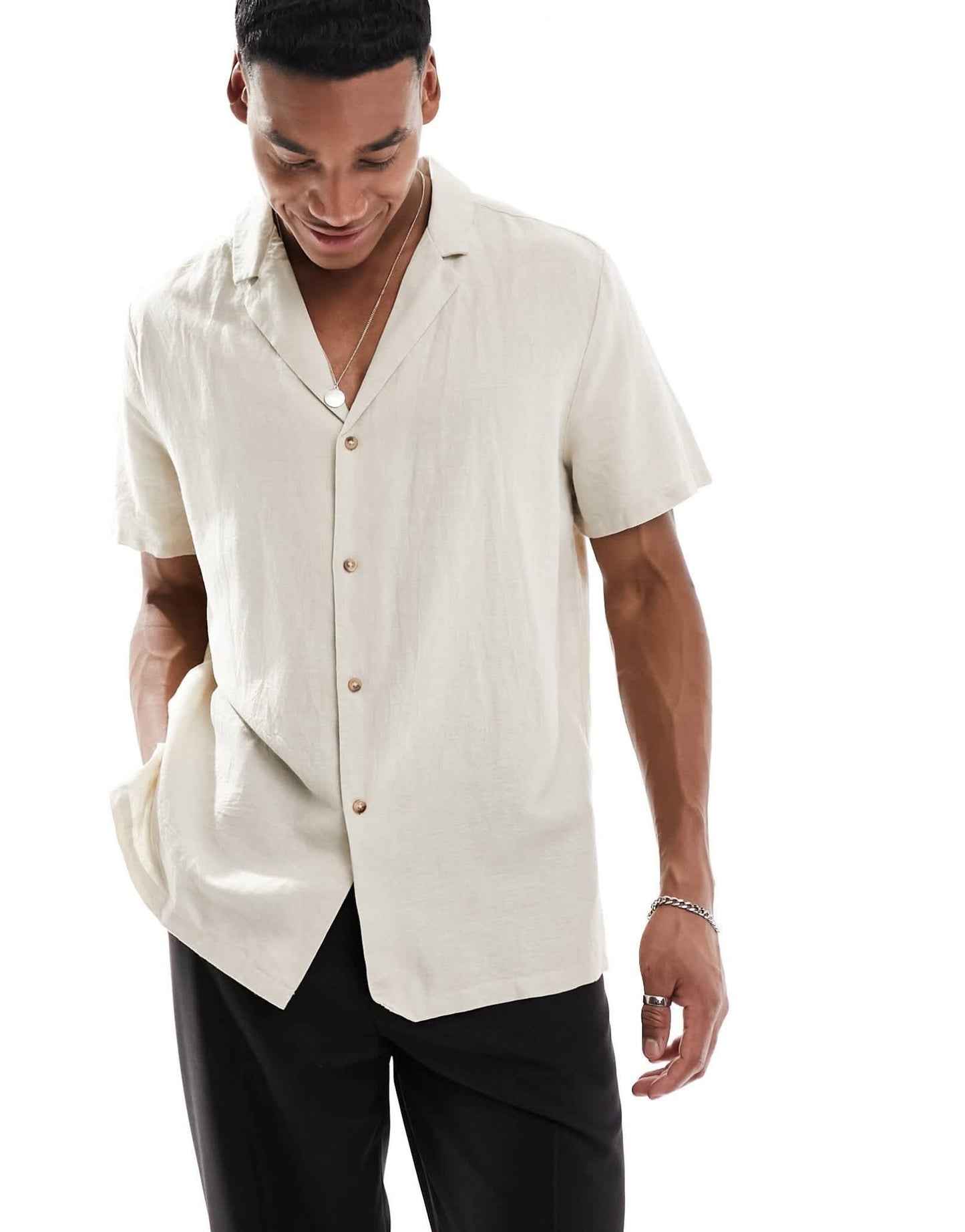 ASOS DESIGN relaxed deep revere linen shirt in stone - ASOS Sample Sale EU Store