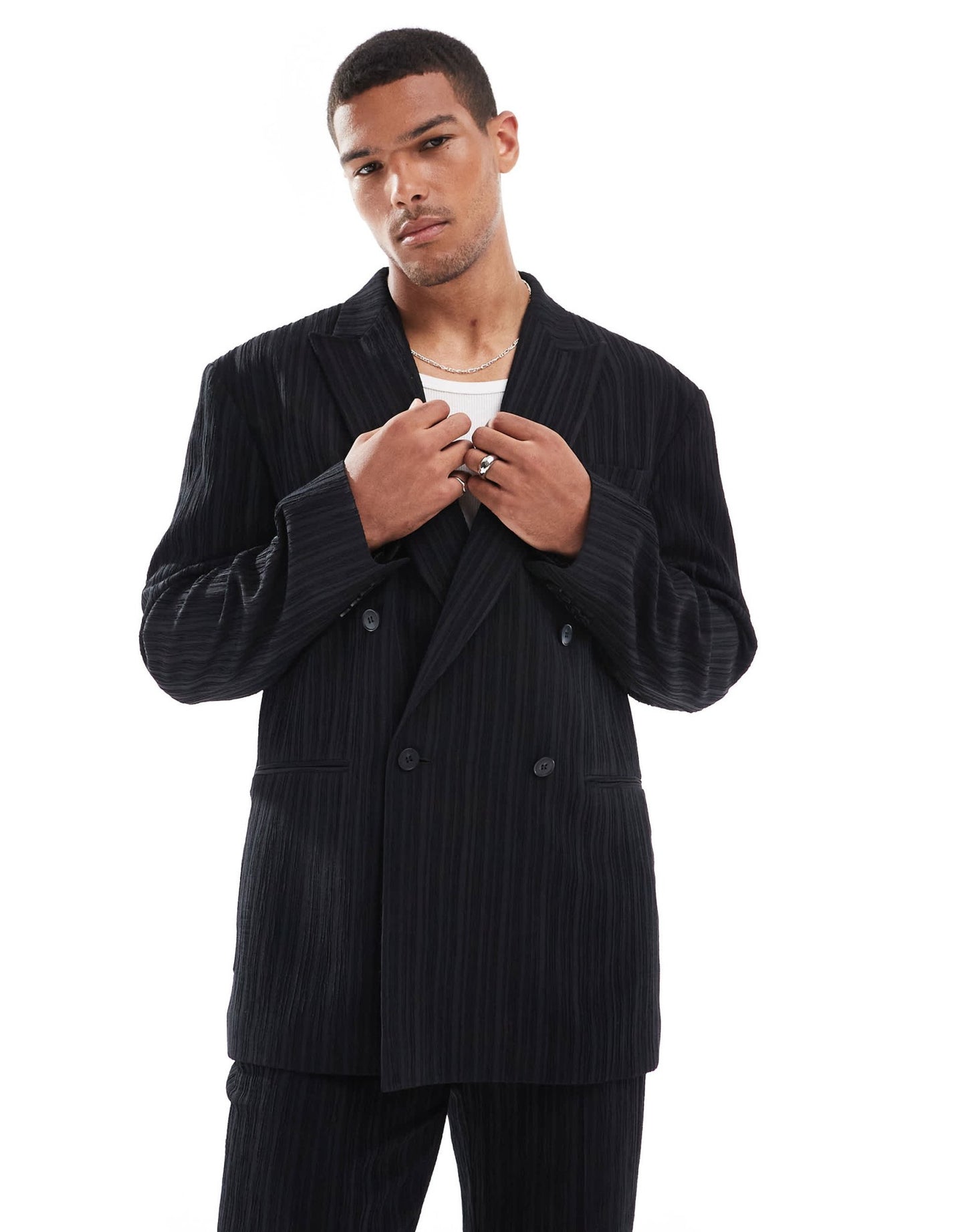 ASOS DESIGN relaxed double breasted suit jacket in black textured fabric - ASOS Sample Sale EU Store