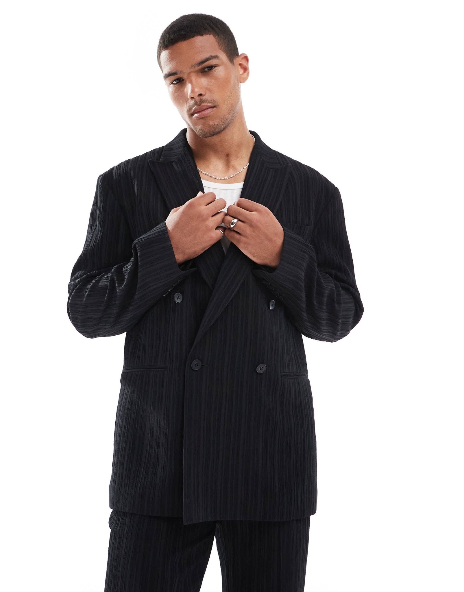 ASOS DESIGN relaxed double breasted suit jacket in black textured fabric - ASOS Sample Sale EU Store