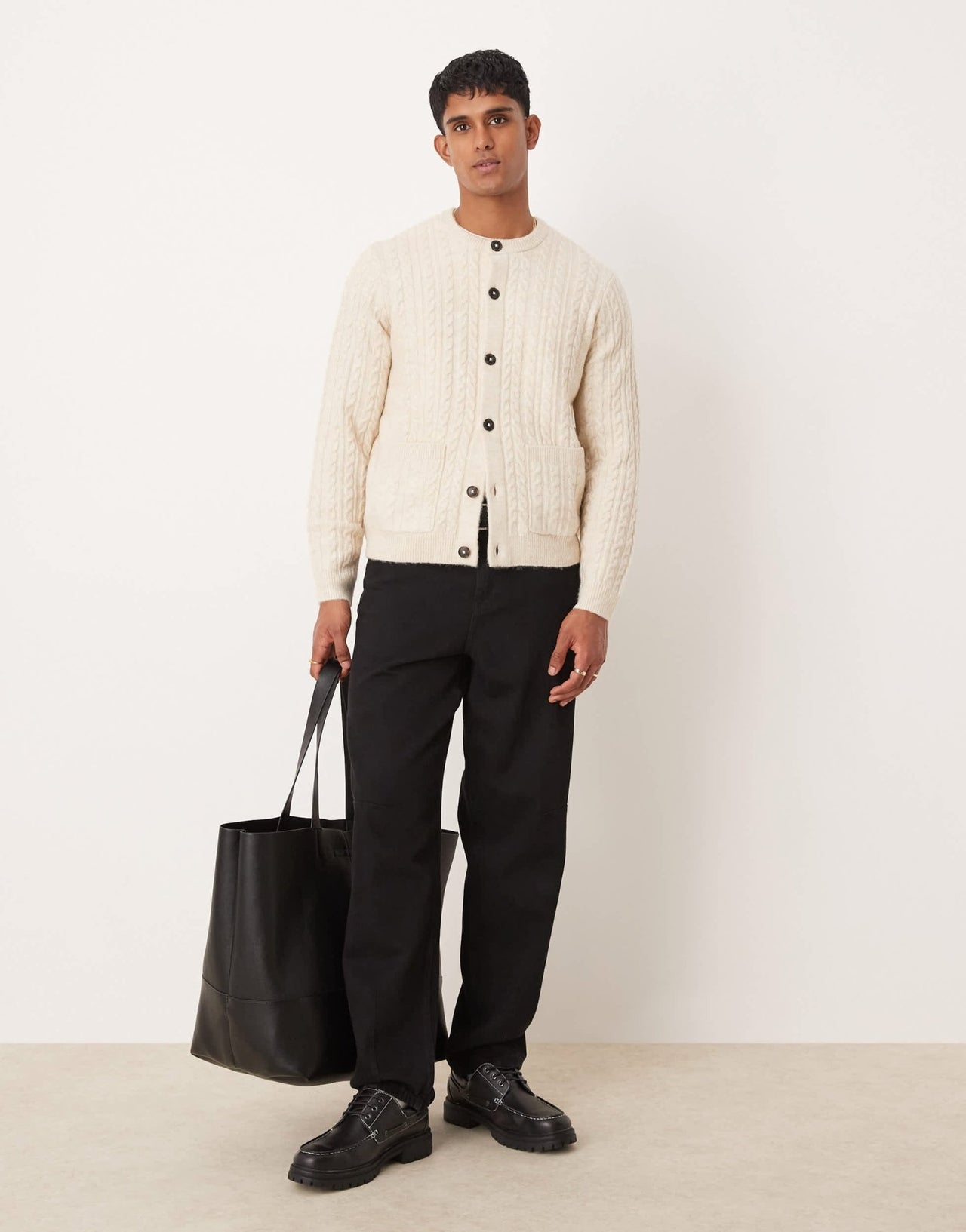 ASOS DESIGN relaxed fit cable knitted cardigan with crew neck in stone - ASOS Sample Sale EU Store