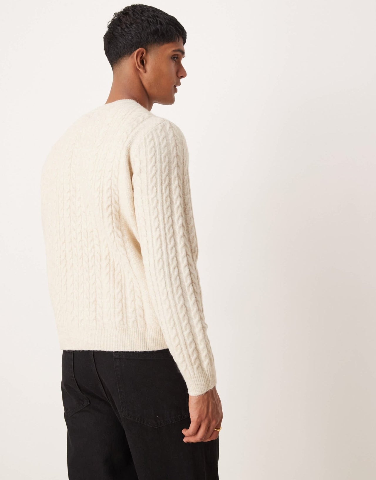 ASOS DESIGN relaxed fit cable knitted cardigan with crew neck in stone - ASOS Sample Sale EU Store