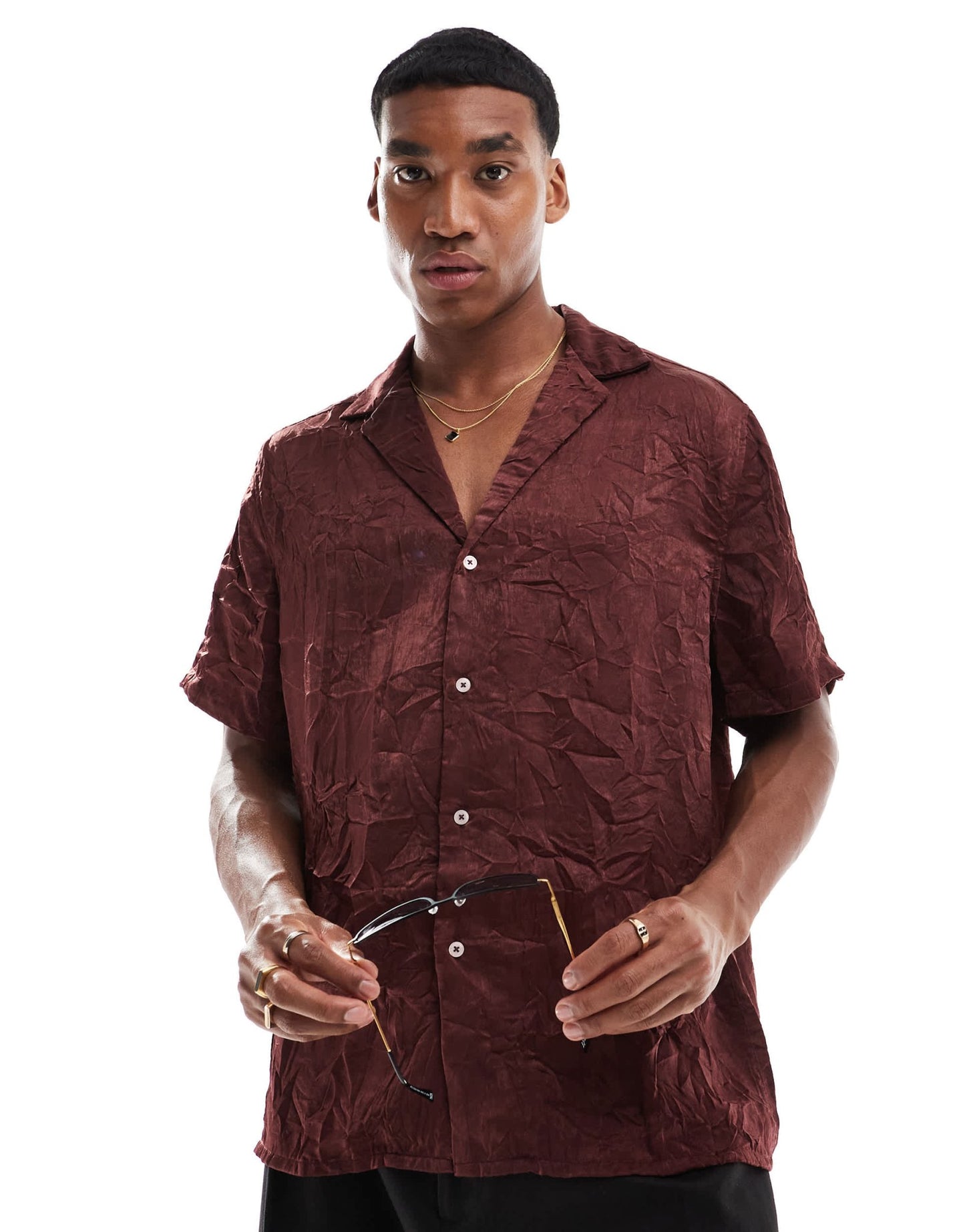 ASOS DESIGN relaxed fit deep revere collar crinkle satin shirt in brown - ASOS Sample Sale EU Store