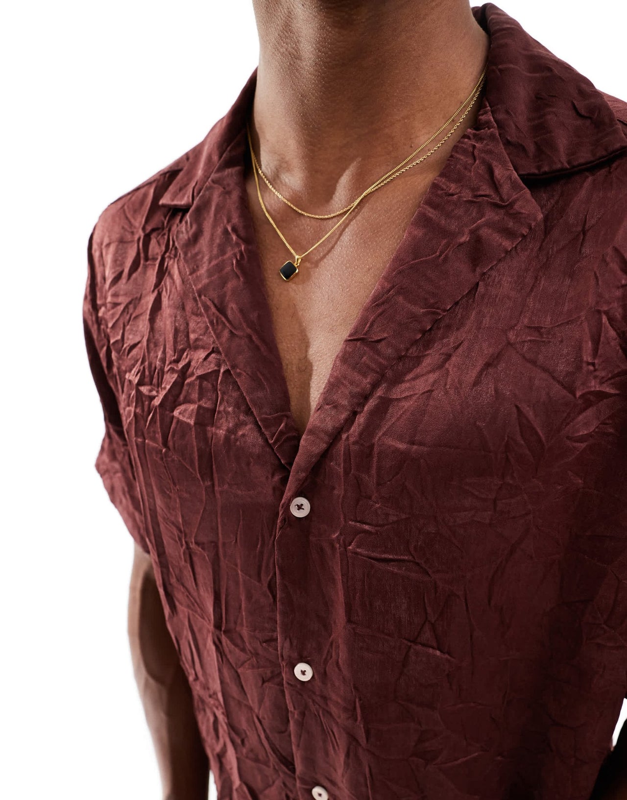 ASOS DESIGN relaxed fit deep revere collar crinkle satin shirt in brown - ASOS Sample Sale EU Store