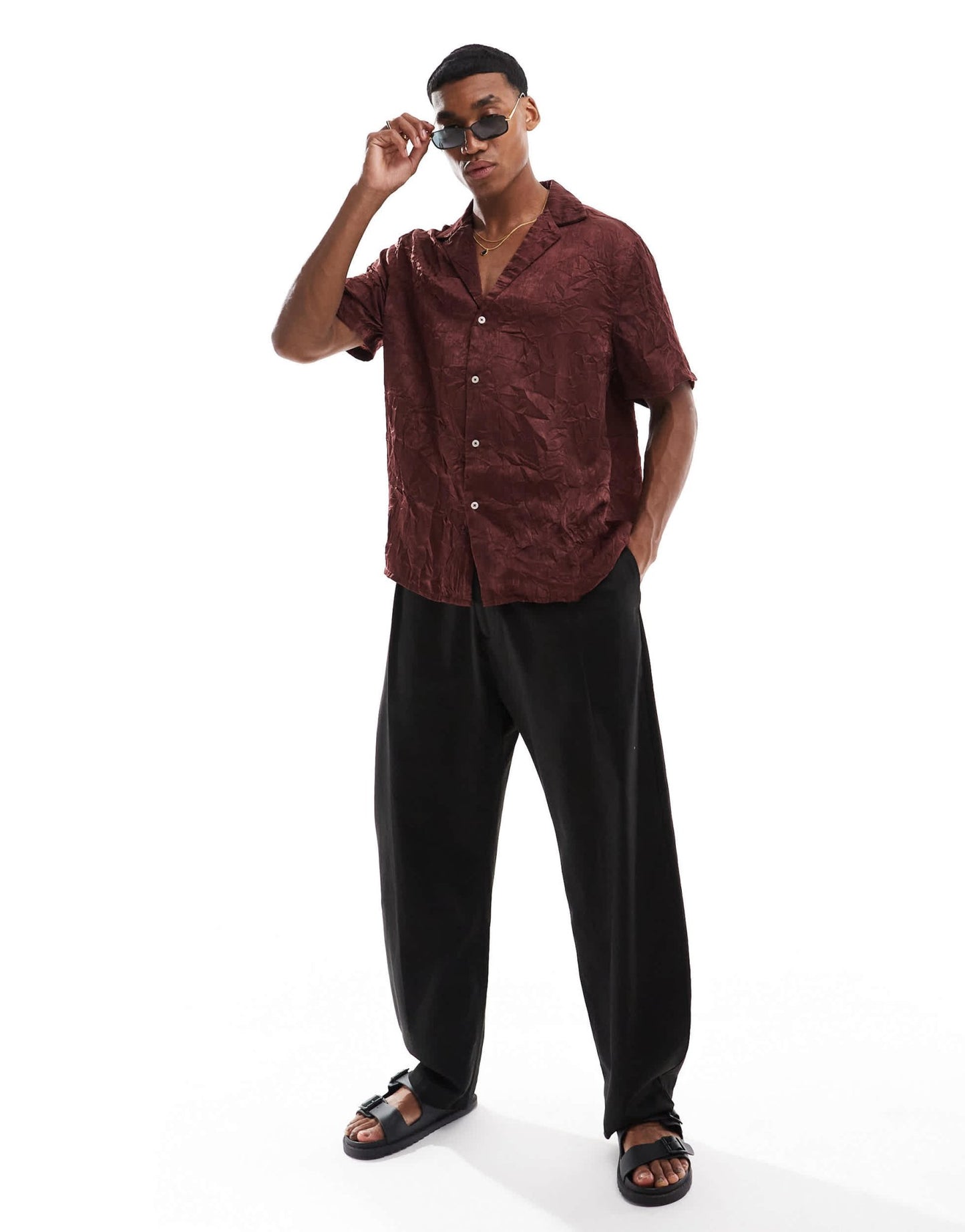 ASOS DESIGN relaxed fit deep revere collar crinkle satin shirt in brown - ASOS Sample Sale EU Store