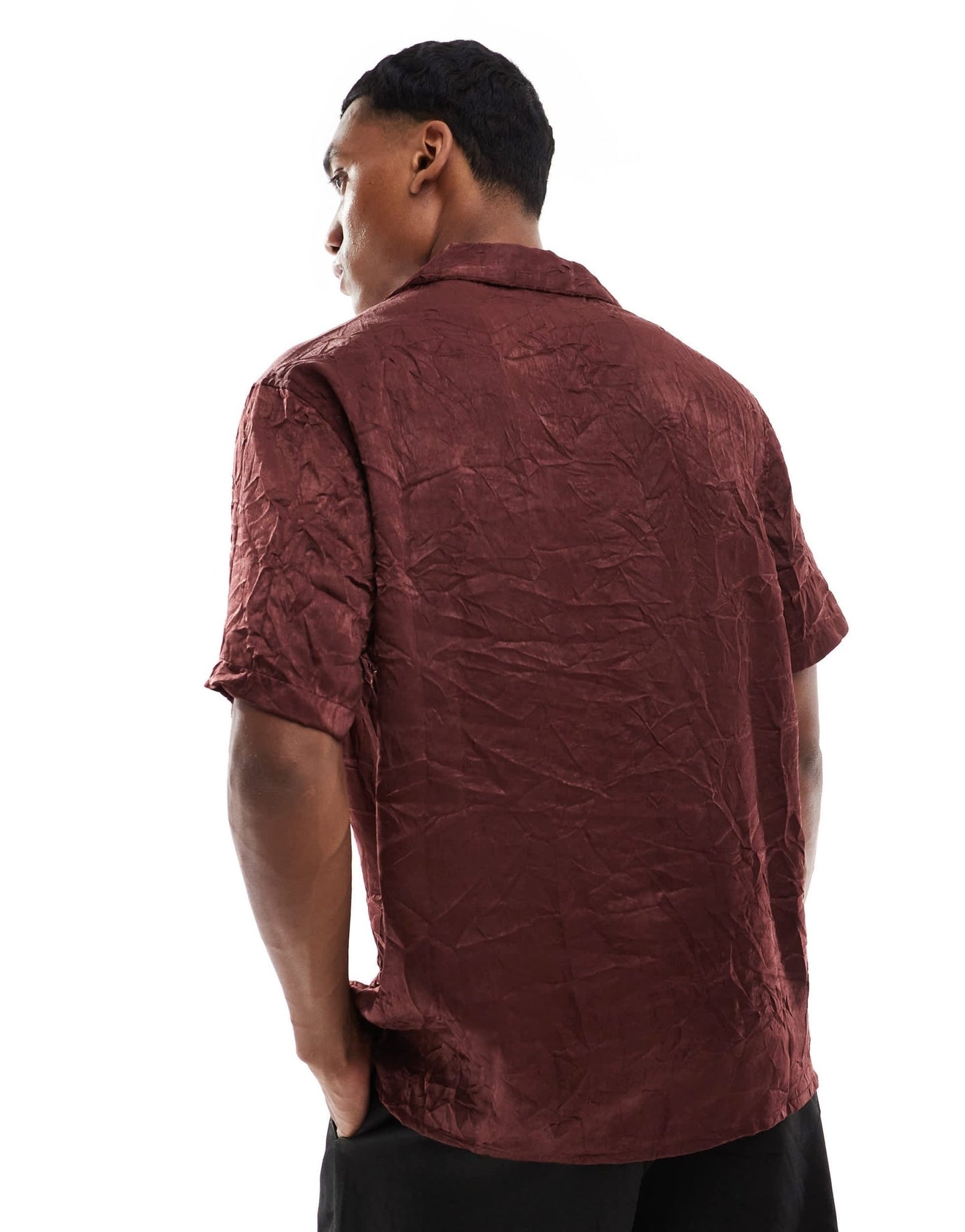 ASOS DESIGN relaxed fit deep revere collar crinkle satin shirt in brown - ASOS Sample Sale EU Store