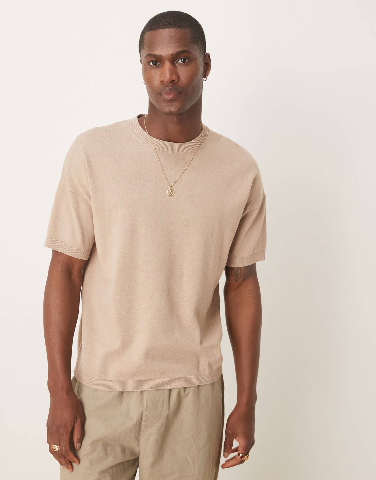 ASOS DESIGN relaxed fit midweight knitted cotton t-shirt in stone - ASOS Sample Sale EU Store