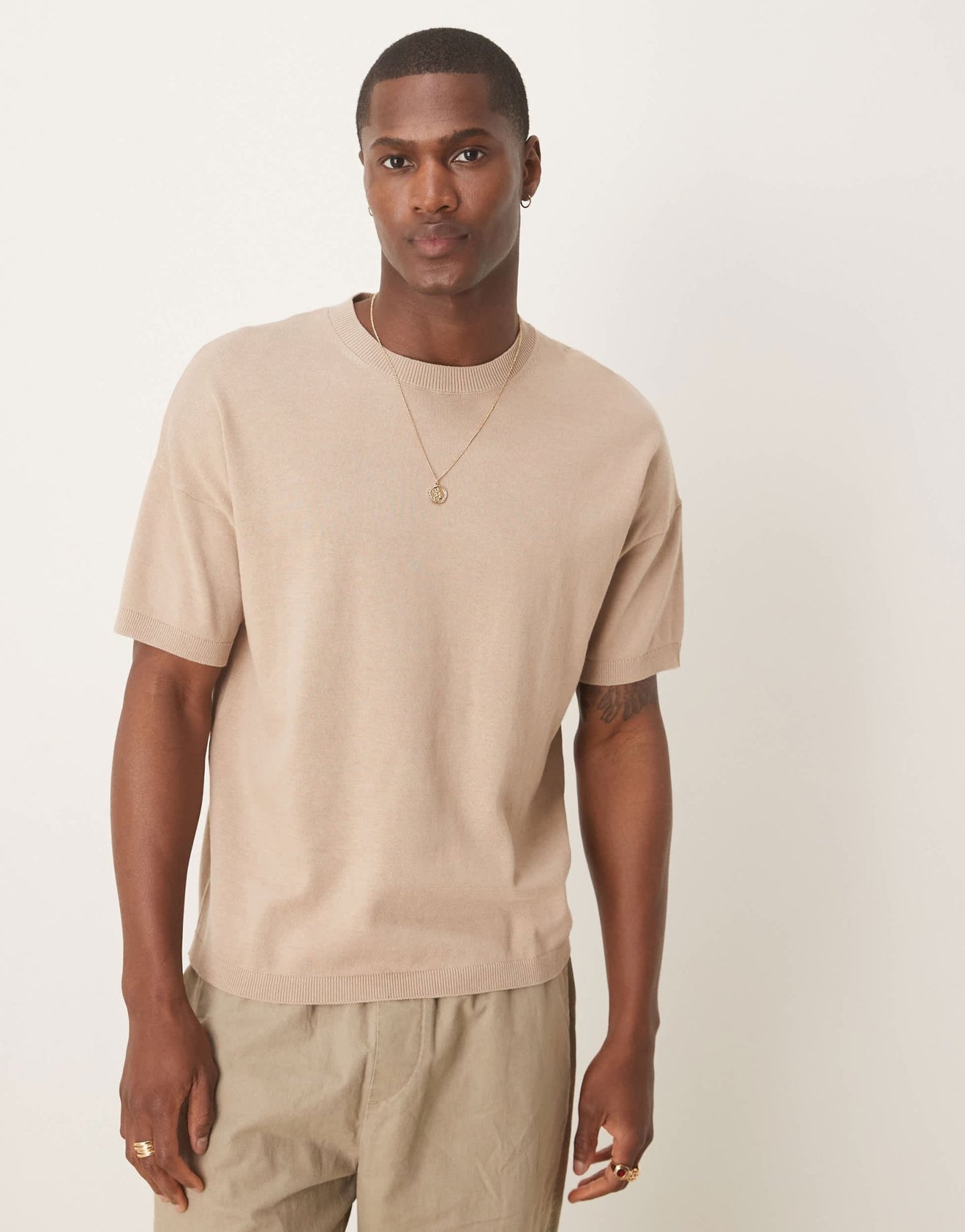 ASOS DESIGN relaxed fit midweight knitted cotton t-shirt in stone - ASOS Sample Sale EU Store