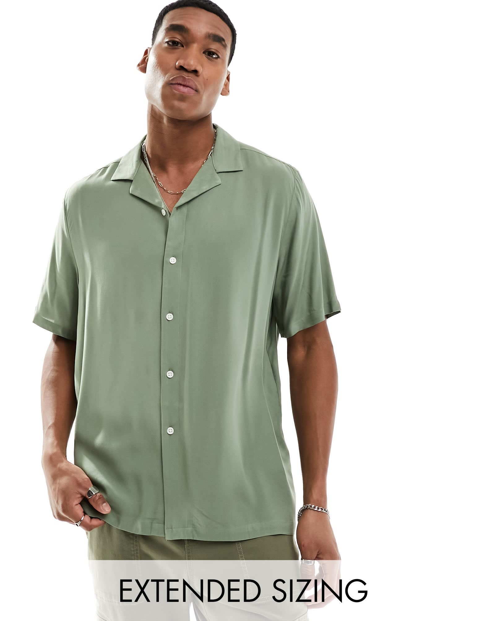 ASOS DESIGN relaxed fit viscose shirt with revere collar in khaki - ASOS Sample Sale EU Store
