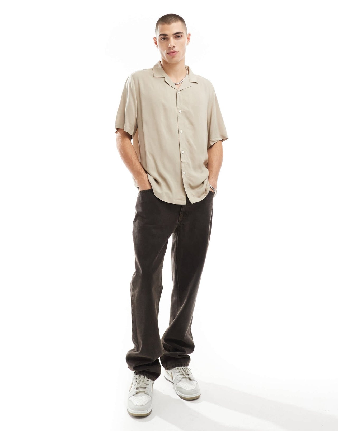 ASOS DESIGN relaxed fit viscose shirt with revere collar in stone - ASOS Sample Sale EU Store