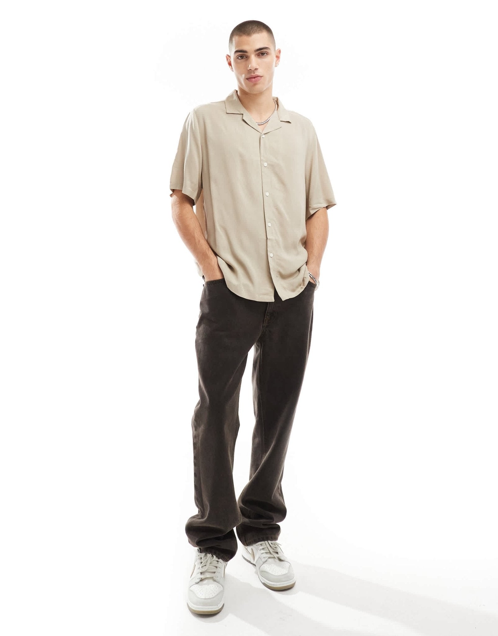 ASOS DESIGN relaxed fit viscose shirt with revere collar in stone - ASOS Sample Sale EU Store