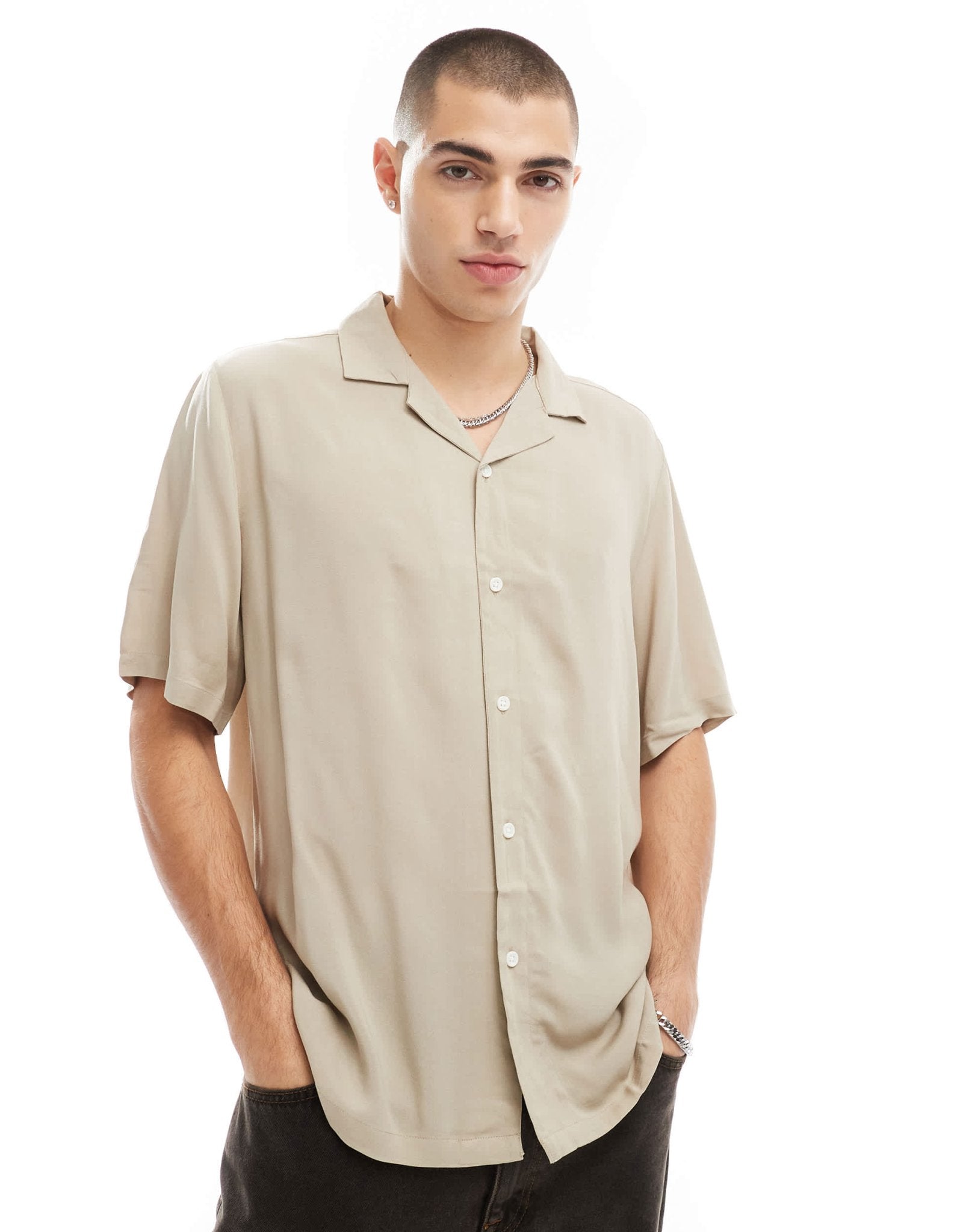 ASOS DESIGN relaxed fit viscose shirt with revere collar in stone - ASOS Sample Sale EU Store