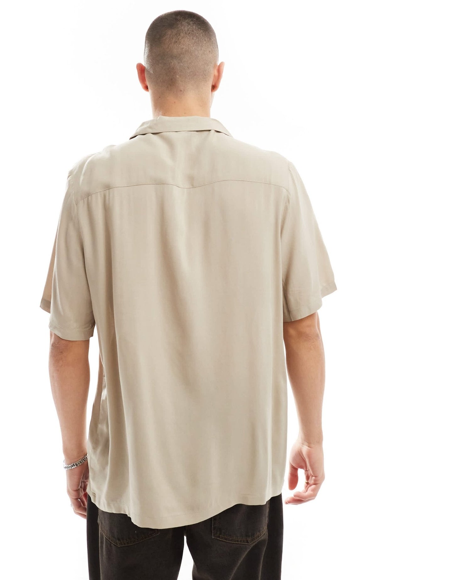 ASOS DESIGN relaxed fit viscose shirt with revere collar in stone - ASOS Sample Sale EU Store
